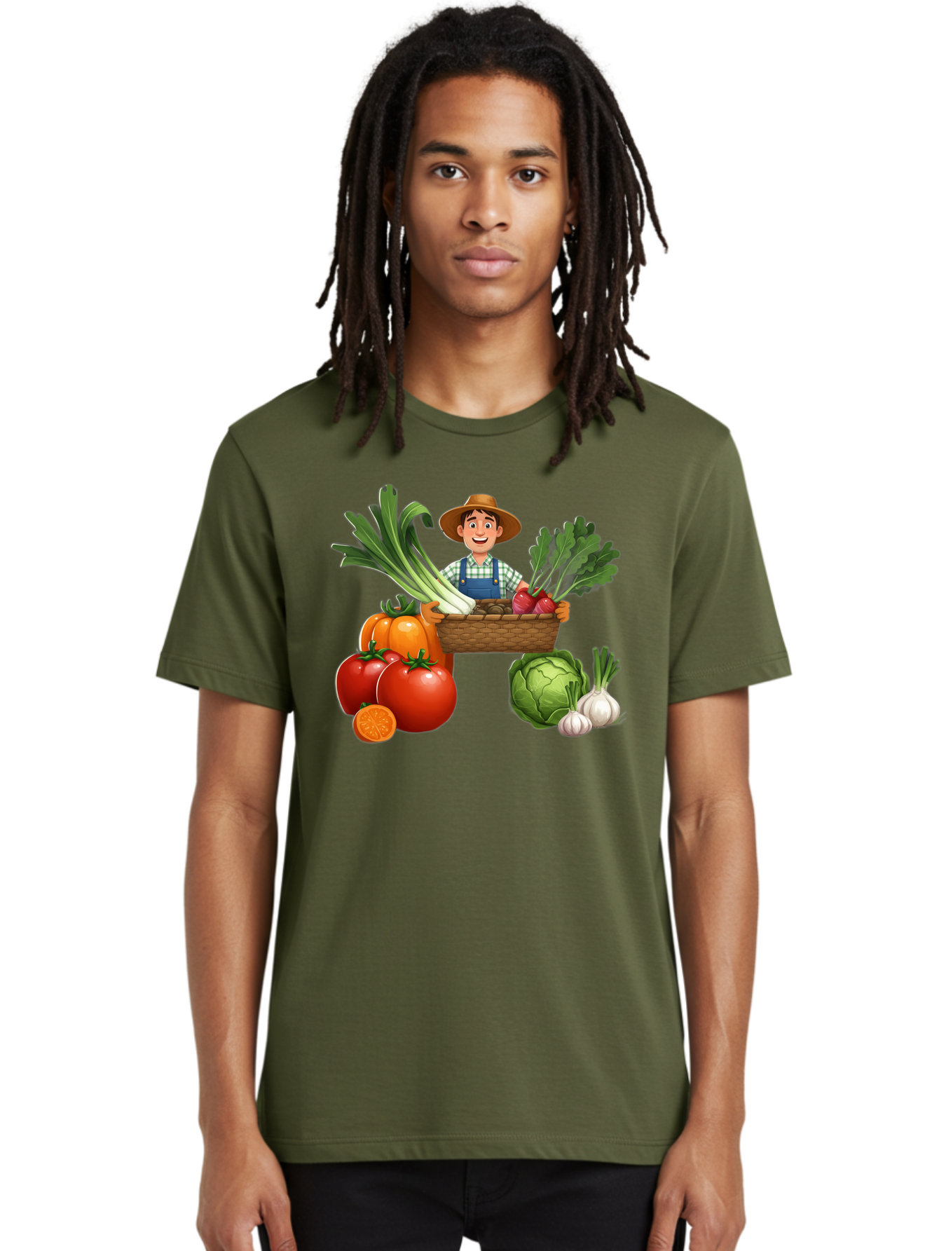 Farmer-With-Harvest Men'S Graphic Tee, 100% Cotton, Comfortable Casual Summer Wear, Machine Washable, Happy Farmer, Fresh Produce, Harvest Basket, Organic Vegetables, Tomatoes, Cabbage, Garlic, Leeks, Beets, Farmer'S Market, Local Produce, Baa662