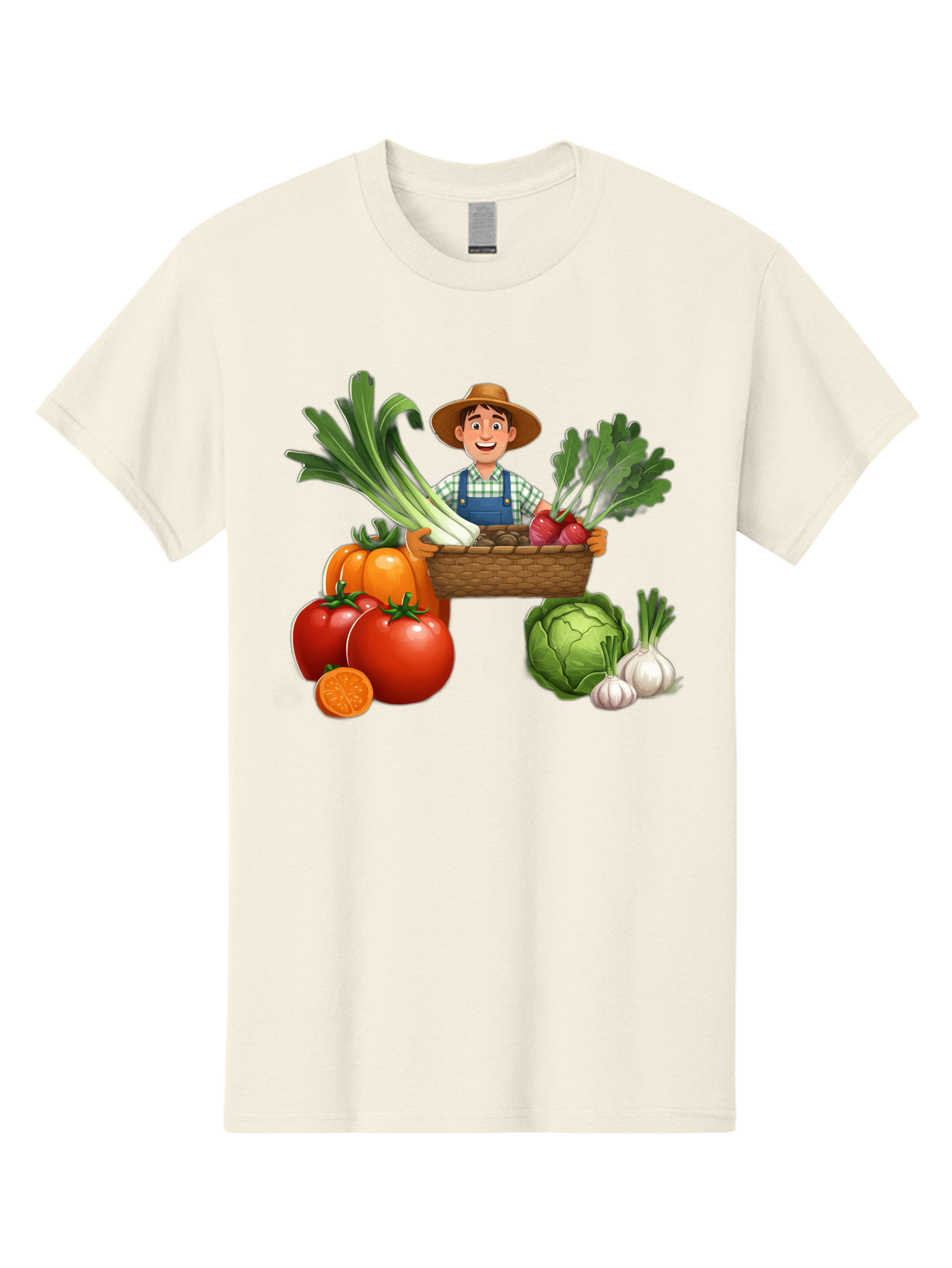 Farmer-With-Harvest Men'S Graphic Tee, 100% Cotton, Comfortable Casual Summer Wear, Machine Washable, Happy Farmer, Fresh Produce, Harvest Basket, Organic Vegetables, Tomatoes, Cabbage, Garlic, Leeks, Beets, Farmer'S Market, Local Produce, Baa662