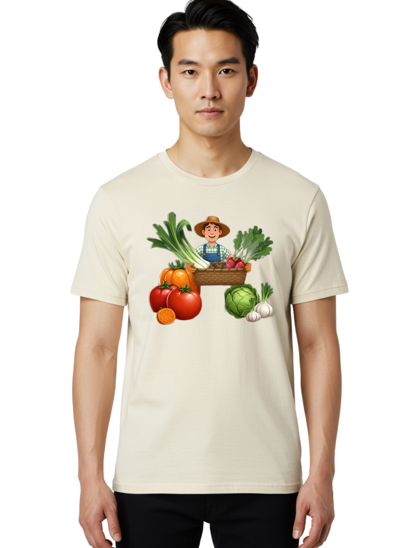 Farmer-With-Harvest Men'S Graphic Tee, 100% Cotton, Comfortable Casual Summer Wear, Machine Washable, Happy Farmer, Fresh Produce, Harvest Basket, Organic Vegetables, Tomatoes, Cabbage, Garlic, Leeks, Beets, Farmer'S Market, Local Produce, Baa662