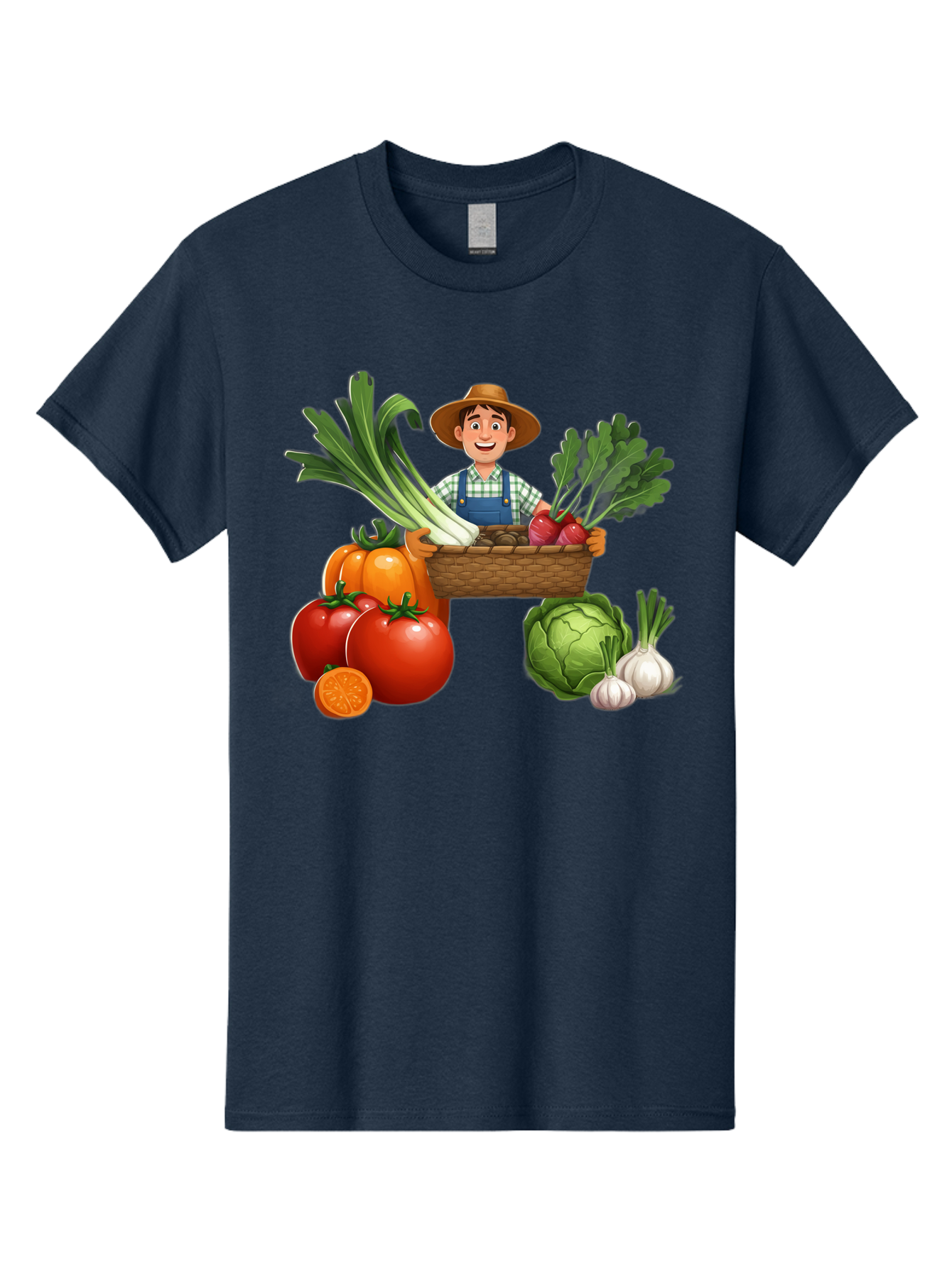 Farmer-With-Harvest Men'S Graphic Tee, 100% Cotton, Comfortable Casual Summer Wear, Machine Washable, Happy Farmer, Fresh Produce, Harvest Basket, Organic Vegetables, Tomatoes, Cabbage, Garlic, Leeks, Beets, Farmer'S Market, Local Produce, Baa662