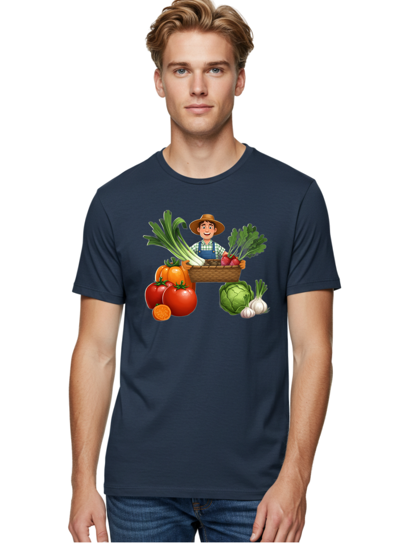 Farmer-With-Harvest Men'S Graphic Tee, 100% Cotton, Comfortable Casual Summer Wear, Machine Washable, Happy Farmer, Fresh Produce, Harvest Basket, Organic Vegetables, Tomatoes, Cabbage, Garlic, Leeks, Beets, Farmer'S Market, Local Produce, Baa662