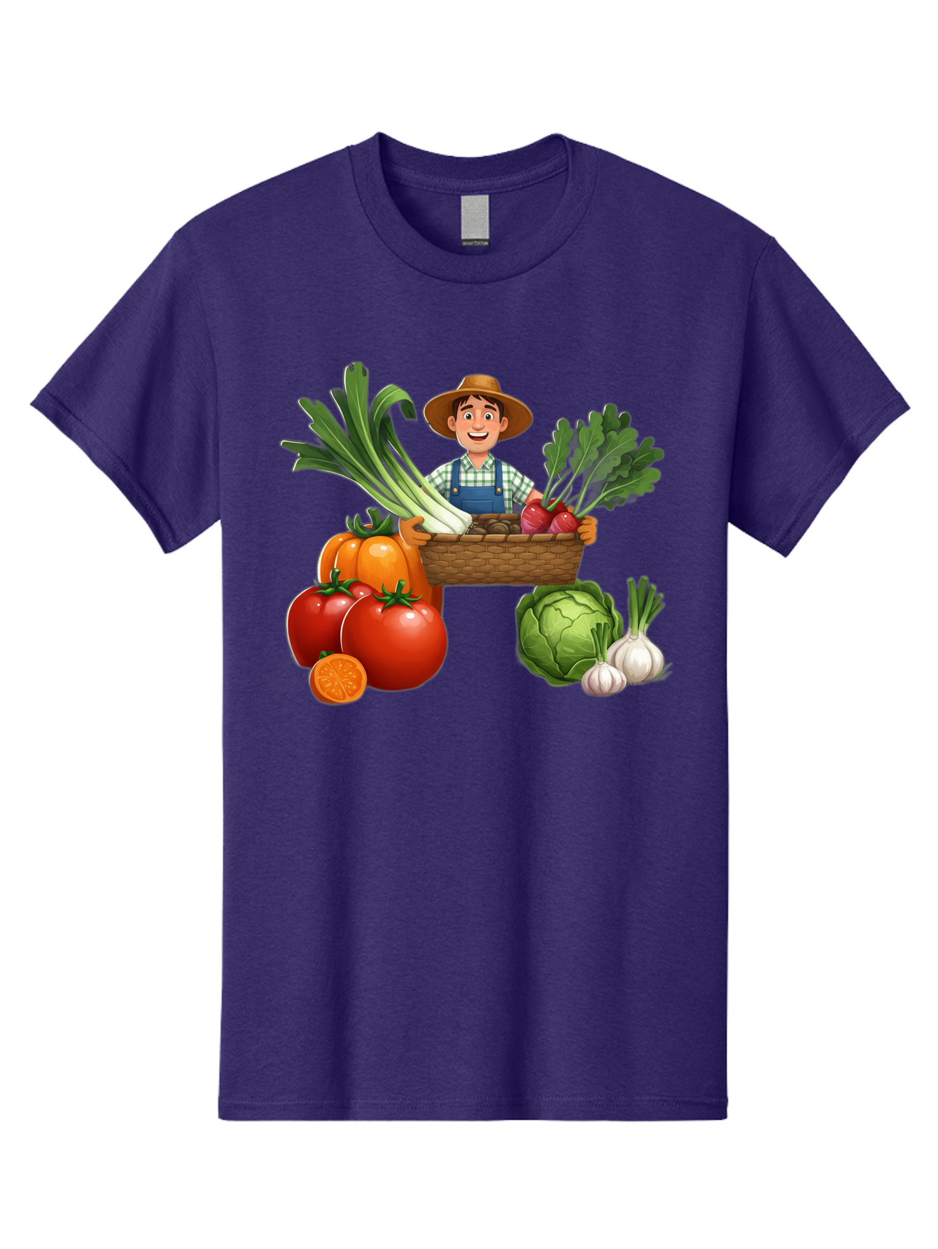 Farmer-With-Harvest Men'S Graphic Tee, 100% Cotton, Comfortable Casual Summer Wear, Machine Washable, Happy Farmer, Fresh Produce, Harvest Basket, Organic Vegetables, Tomatoes, Cabbage, Garlic, Leeks, Beets, Farmer'S Market, Local Produce, Baa662