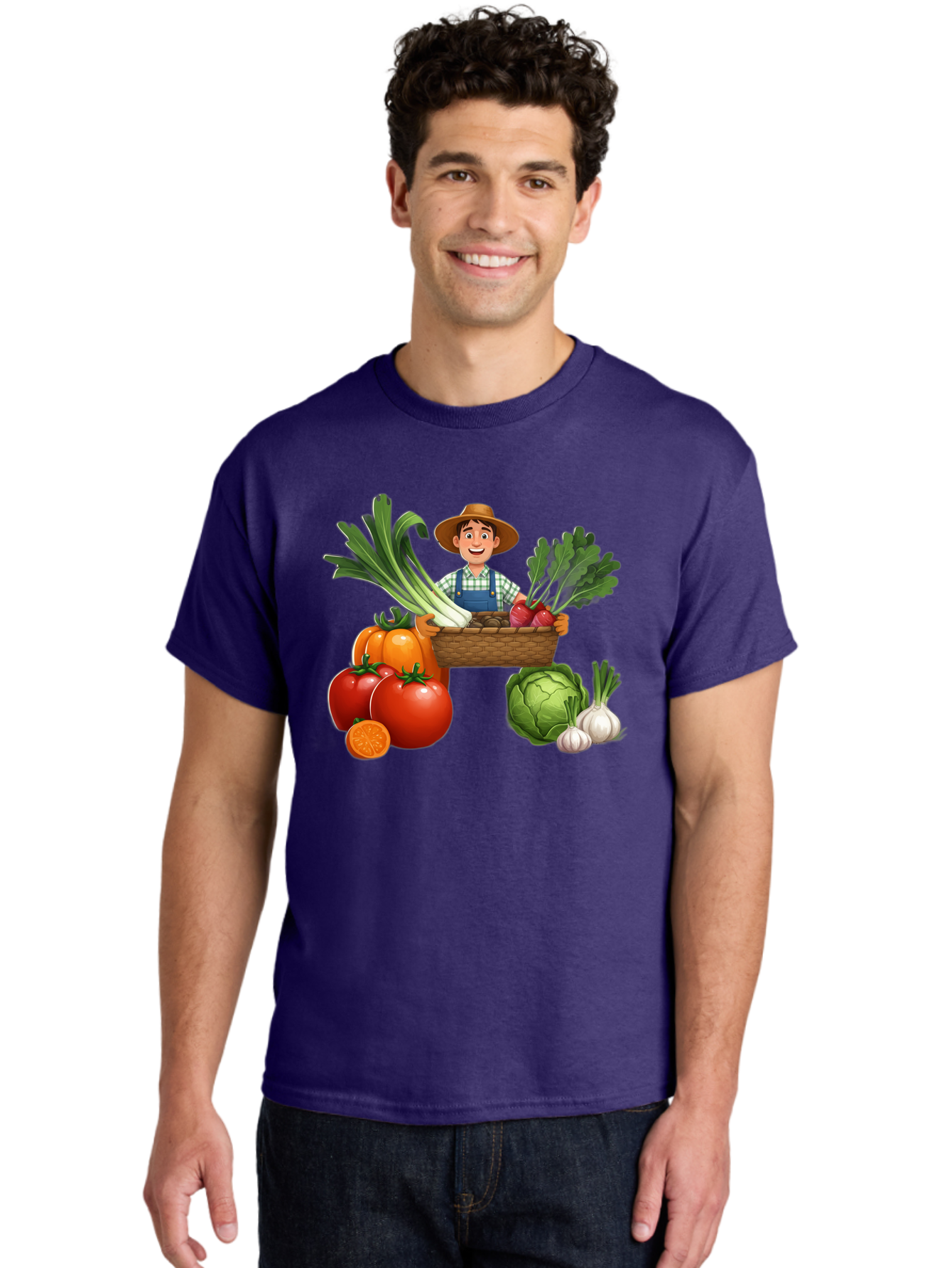 Farmer-With-Harvest Men'S Graphic Tee, 100% Cotton, Comfortable Casual Summer Wear, Machine Washable, Happy Farmer, Fresh Produce, Harvest Basket, Organic Vegetables, Tomatoes, Cabbage, Garlic, Leeks, Beets, Farmer'S Market, Local Produce, Baa662