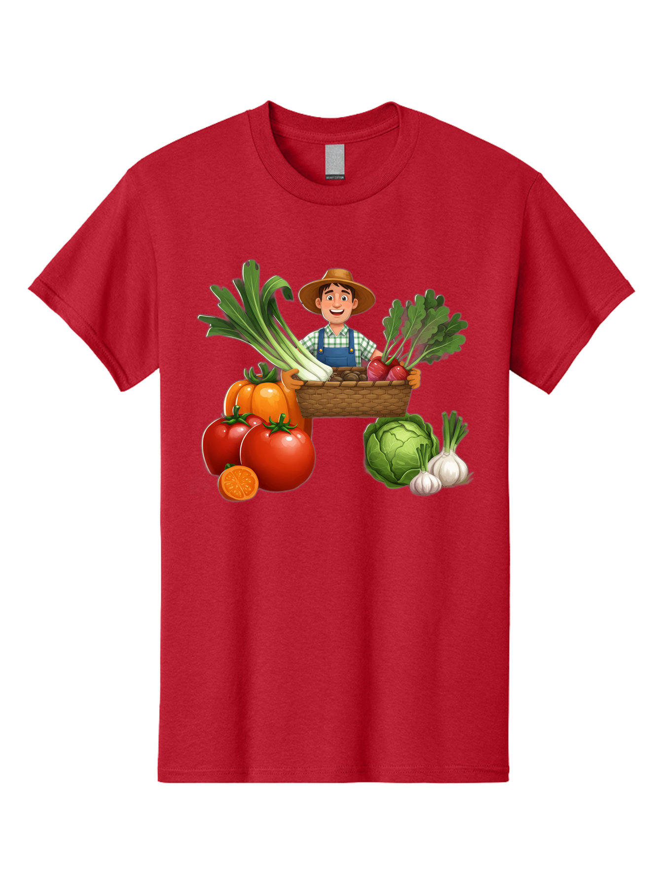 Farmer-With-Harvest Men'S Graphic Tee, 100% Cotton, Comfortable Casual Summer Wear, Machine Washable, Happy Farmer, Fresh Produce, Harvest Basket, Organic Vegetables, Tomatoes, Cabbage, Garlic, Leeks, Beets, Farmer'S Market, Local Produce, Baa662