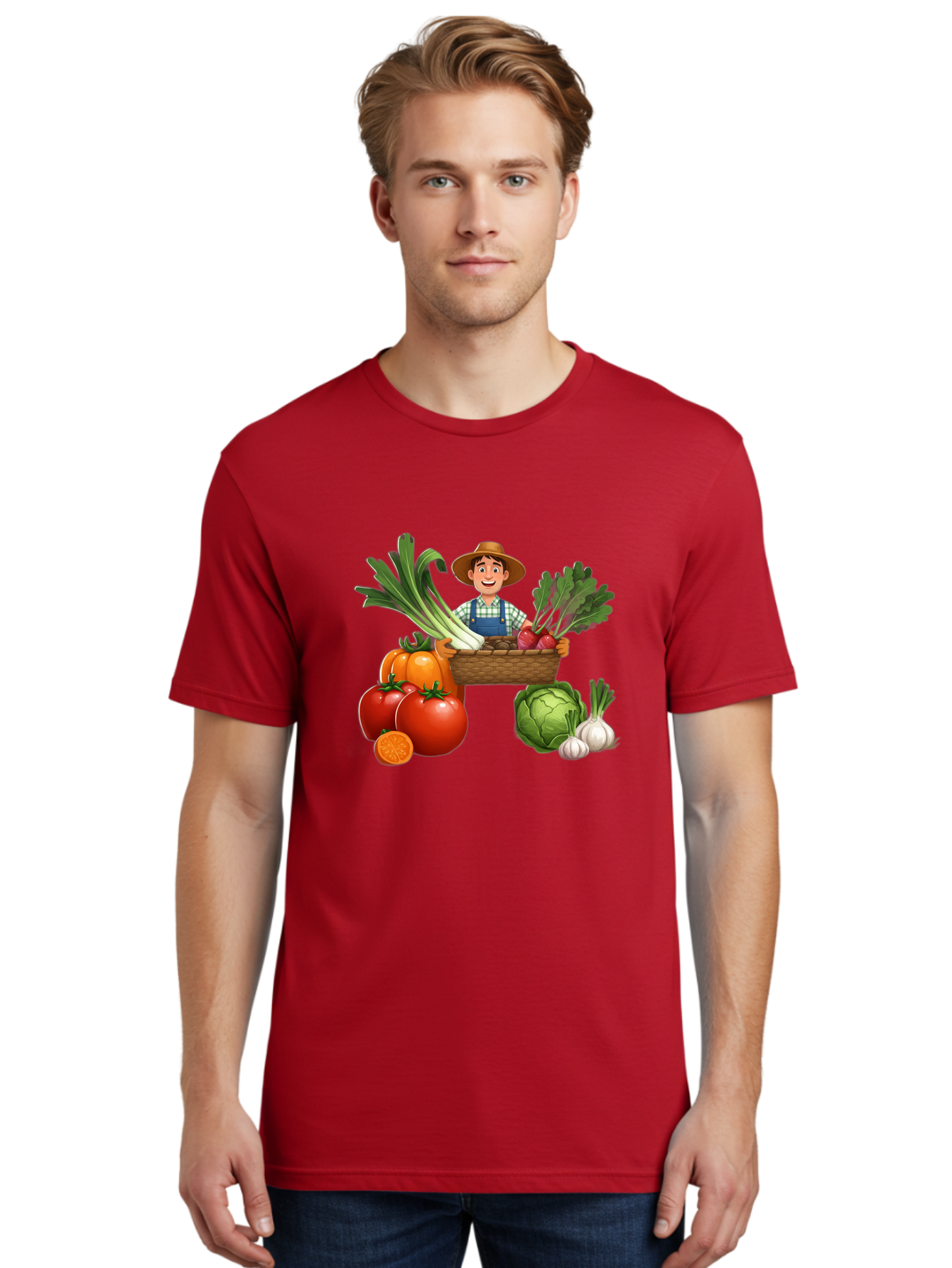 Farmer-With-Harvest Men'S Graphic Tee, 100% Cotton, Comfortable Casual Summer Wear, Machine Washable, Happy Farmer, Fresh Produce, Harvest Basket, Organic Vegetables, Tomatoes, Cabbage, Garlic, Leeks, Beets, Farmer'S Market, Local Produce, Baa662