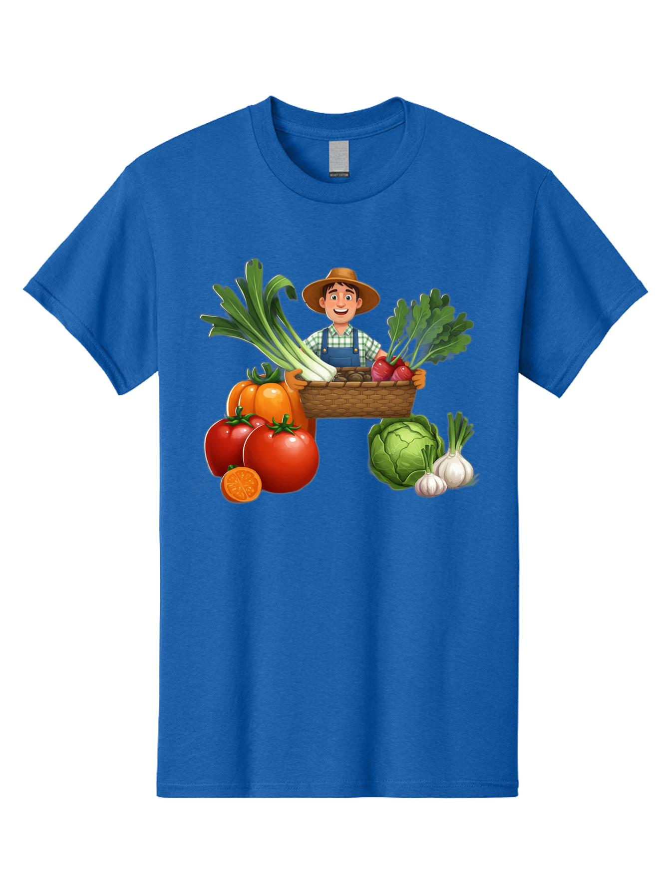 Farmer-With-Harvest Men'S Graphic Tee, 100% Cotton, Comfortable Casual Summer Wear, Machine Washable, Happy Farmer, Fresh Produce, Harvest Basket, Organic Vegetables, Tomatoes, Cabbage, Garlic, Leeks, Beets, Farmer'S Market, Local Produce, Baa662