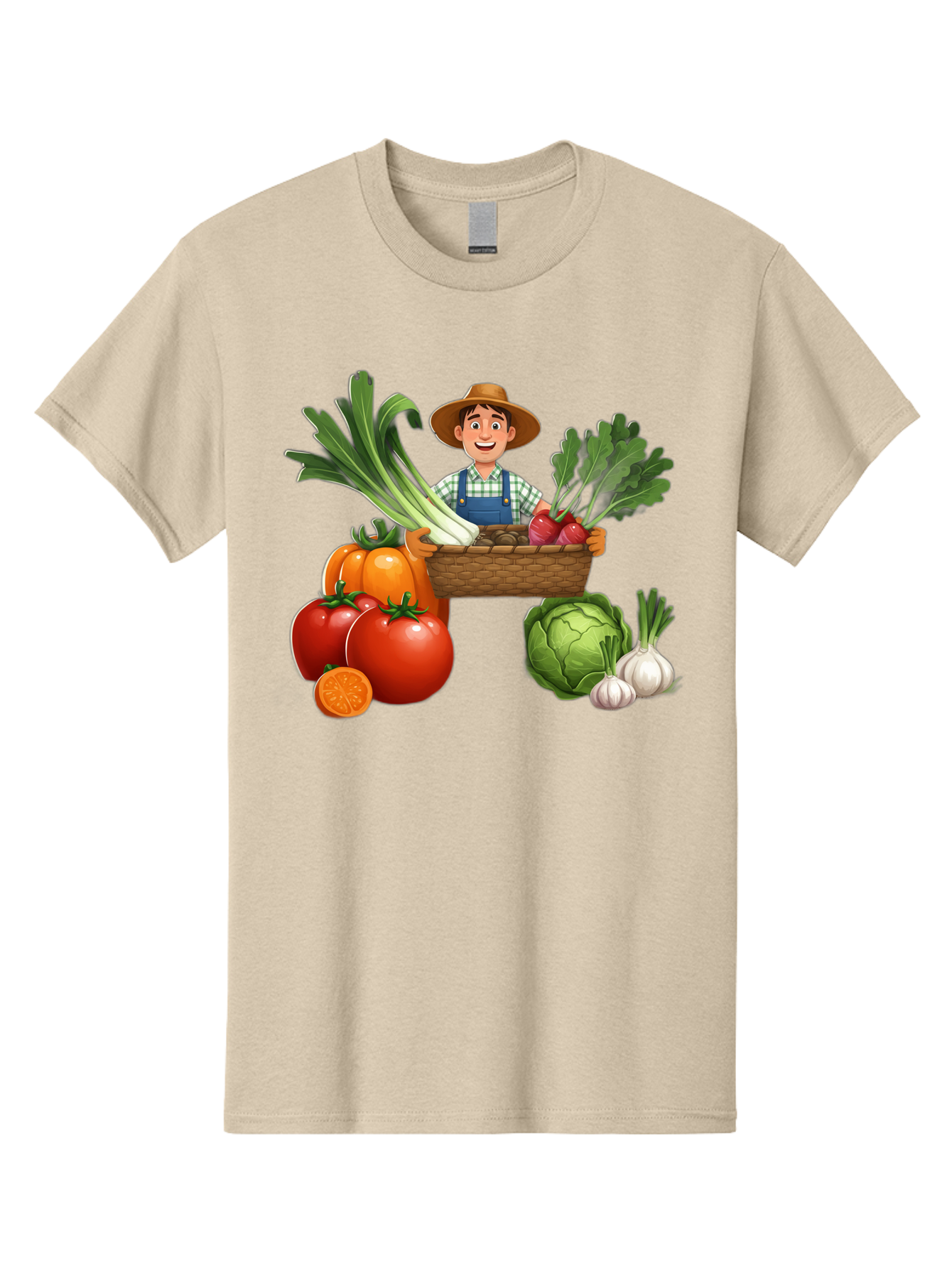 Farmer-With-Harvest Men'S Graphic Tee, 100% Cotton, Comfortable Casual Summer Wear, Machine Washable, Happy Farmer, Fresh Produce, Harvest Basket, Organic Vegetables, Tomatoes, Cabbage, Garlic, Leeks, Beets, Farmer'S Market, Local Produce, Baa662