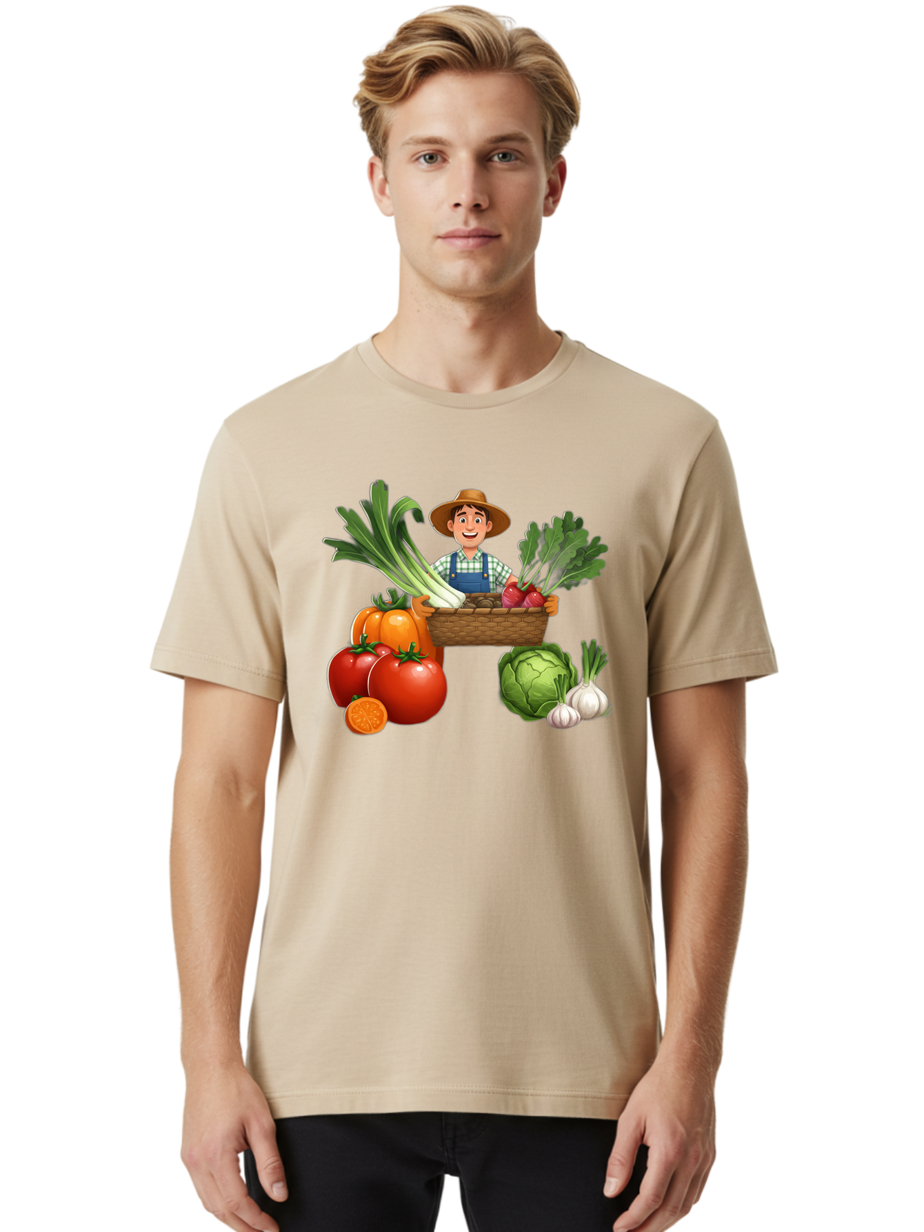 Farmer-With-Harvest Men'S Graphic Tee, 100% Cotton, Comfortable Casual Summer Wear, Machine Washable, Happy Farmer, Fresh Produce, Harvest Basket, Organic Vegetables, Tomatoes, Cabbage, Garlic, Leeks, Beets, Farmer'S Market, Local Produce, Baa662