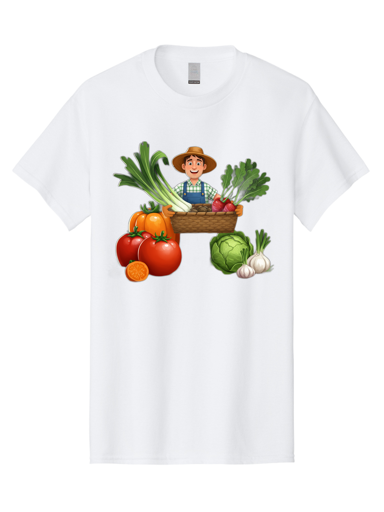Farmer-With-Harvest Men'S Graphic Tee, 100% Cotton, Comfortable Casual Summer Wear, Machine Washable, Happy Farmer, Fresh Produce, Harvest Basket, Organic Vegetables, Tomatoes, Cabbage, Garlic, Leeks, Beets, Farmer'S Market, Local Produce, Baa662