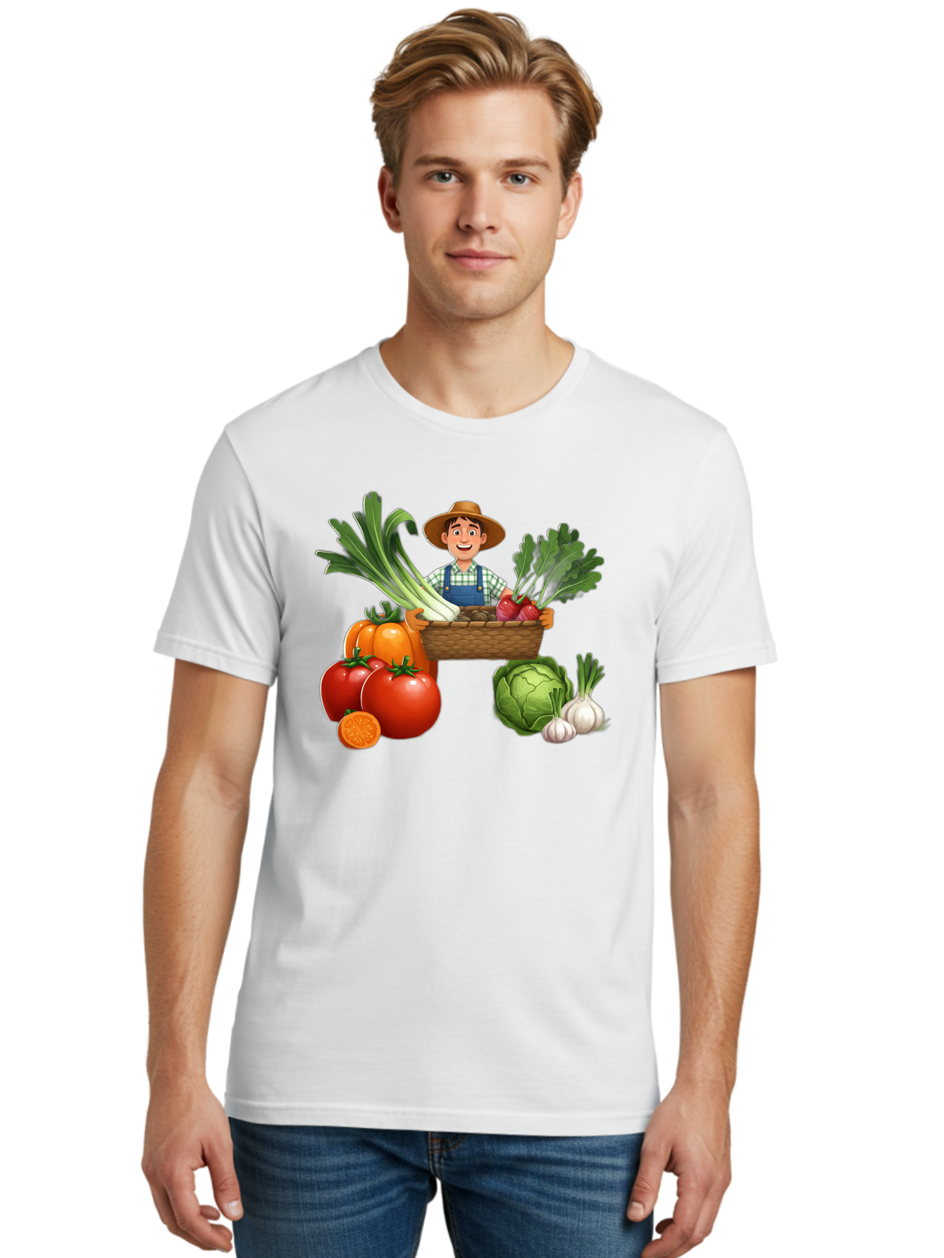 Farmer-With-Harvest Men'S Graphic Tee, 100% Cotton, Comfortable Casual Summer Wear, Machine Washable, Happy Farmer, Fresh Produce, Harvest Basket, Organic Vegetables, Tomatoes, Cabbage, Garlic, Leeks, Beets, Farmer'S Market, Local Produce, Baa662