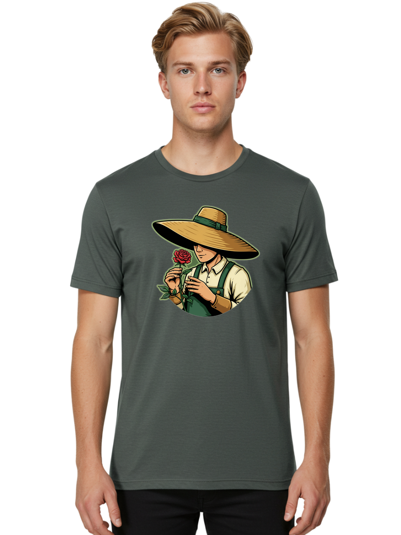 Farmer-With-Rose Men'S Graphic Tee, 100% Cotton, Comfortable Casual Summer Wear, Machine Washable, Gardener Holding Rose, Farmer With Flower, Straw Hat, Green Overall, Red Rose, Gardening, Nature Lover, Rustic Charm, Countryside Style Baa663