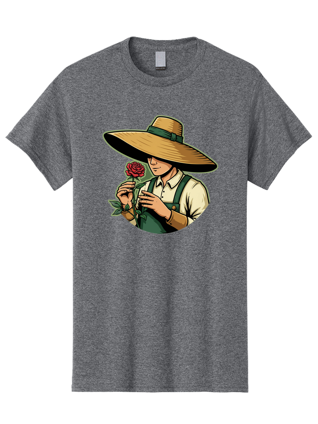 Farmer-With-Rose Men'S Graphic Tee, 100% Cotton, Comfortable Casual Summer Wear, Machine Washable, Gardener Holding Rose, Farmer With Flower, Straw Hat, Green Overall, Red Rose, Gardening, Nature Lover, Rustic Charm, Countryside Style Baa663