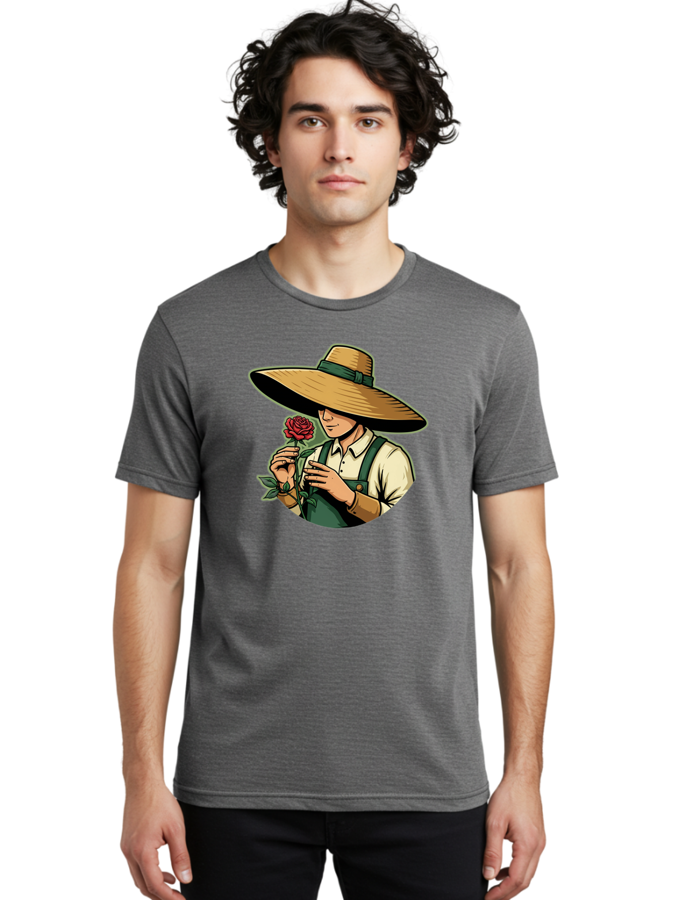 Farmer-With-Rose Men'S Graphic Tee, 100% Cotton, Comfortable Casual Summer Wear, Machine Washable, Gardener Holding Rose, Farmer With Flower, Straw Hat, Green Overall, Red Rose, Gardening, Nature Lover, Rustic Charm, Countryside Style Baa663