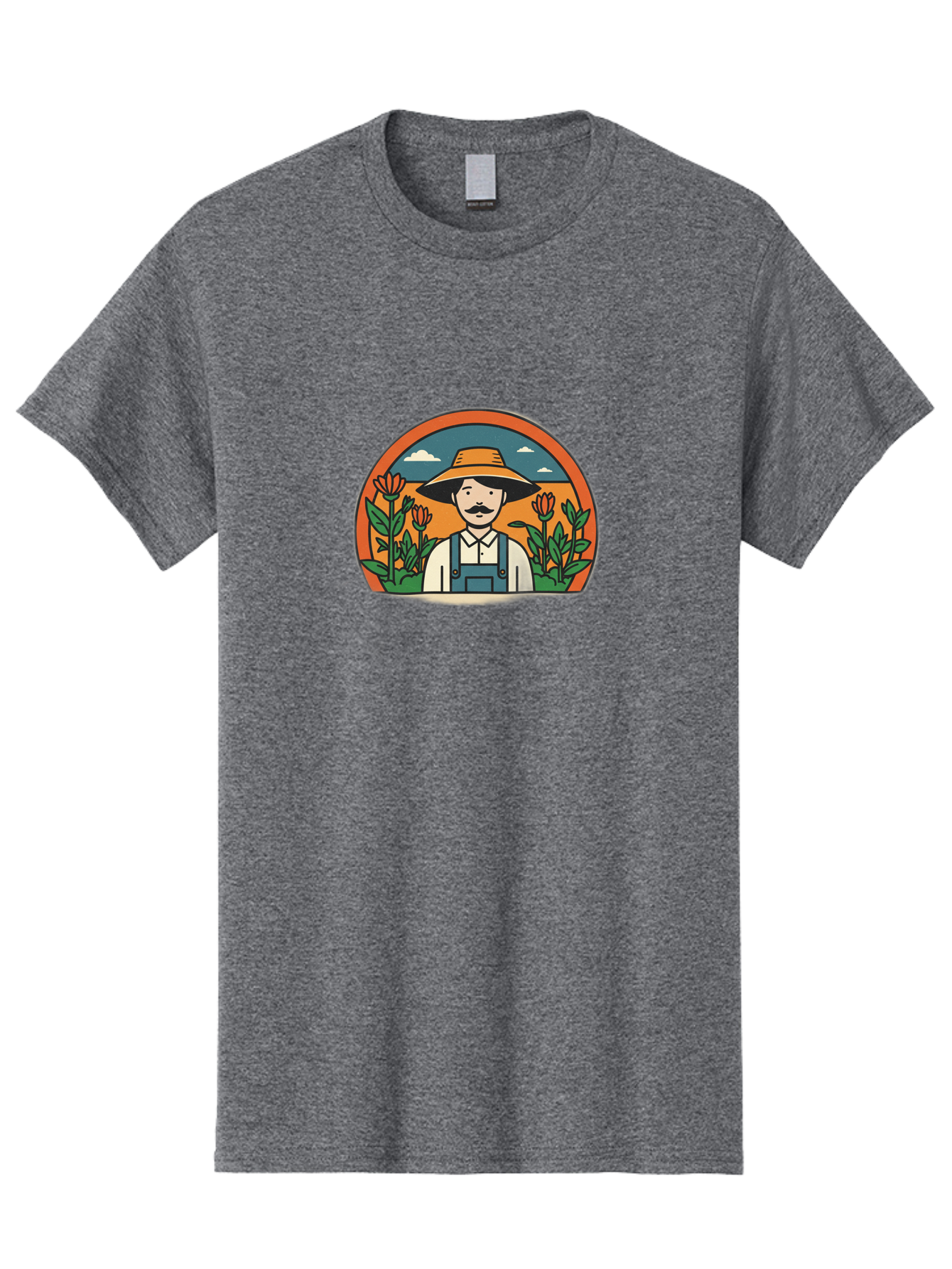 Farmer-With-Tulips Men'S Graphic Tee, 100% Cotton, Comfortable Casual Summer Wear, Machine Washable, Man In Overalls And Hat, Flowers, Gardening, Farming, Floral Arrangements, Agriculture, Mustachioed Man, Rustic Charm, Countryside, Baa664