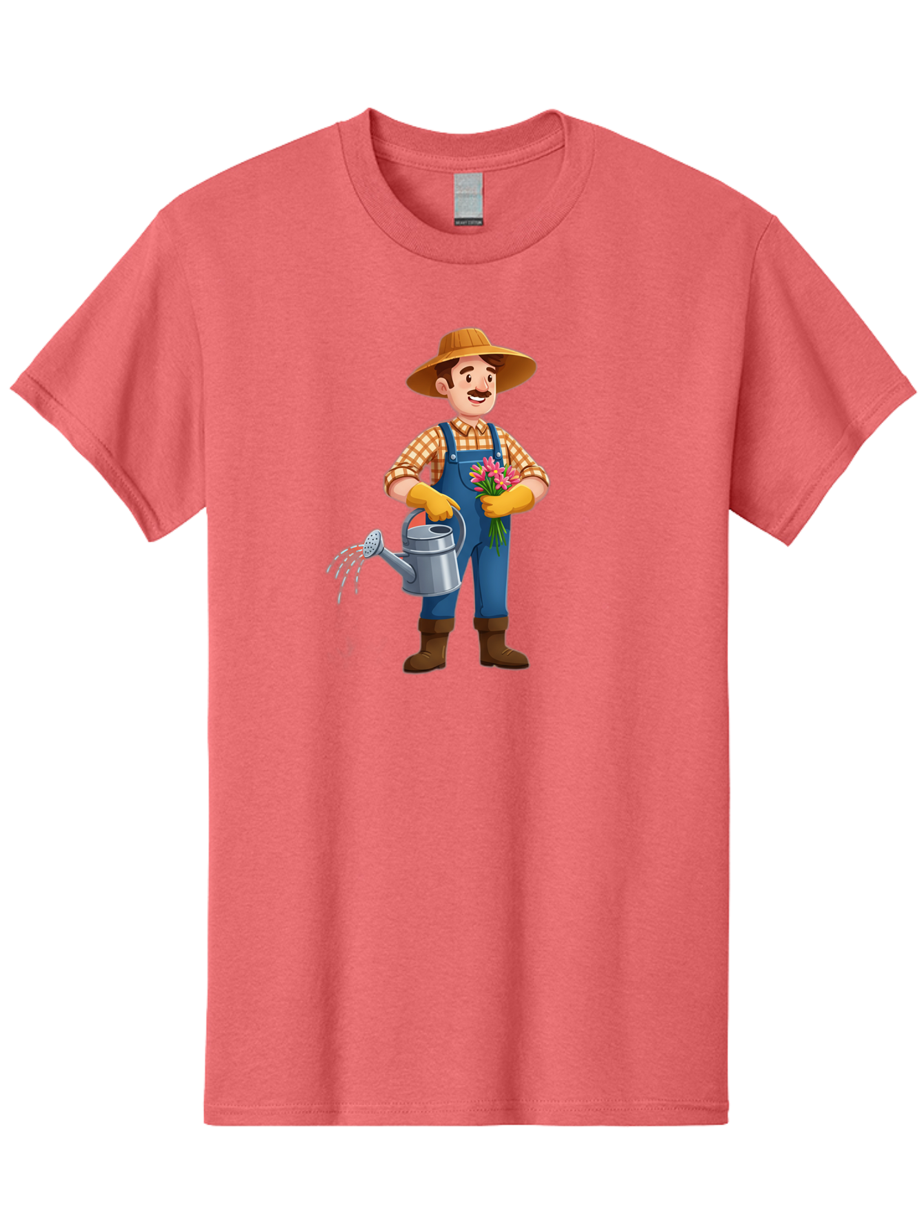 Farmer-With-Watering-Can Men'S Graphic Tee, 100% Cotton, Comfortable Casual Summer Wear, Machine Washable, Gardener Watering Plants, Bouquet Of Flowers, Gardening Tools, Rustic Clothing, Outdoor Activities, Plant Care, Gardening Lifestyle, Baa665