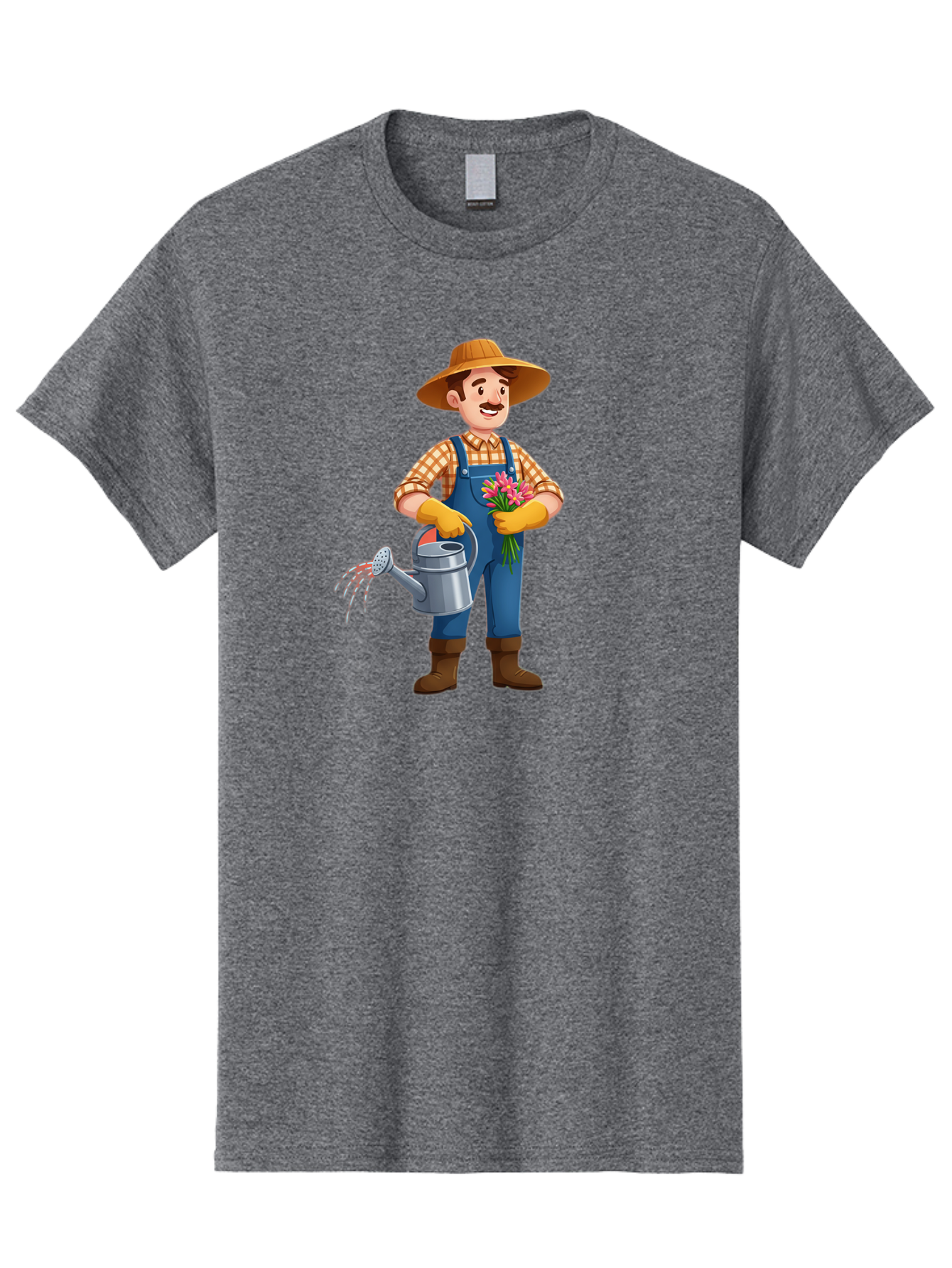 Farmer-With-Watering-Can Men'S Graphic Tee, 100% Cotton, Comfortable Casual Summer Wear, Machine Washable, Gardener Watering Plants, Bouquet Of Flowers, Gardening Tools, Rustic Clothing, Outdoor Activities, Plant Care, Gardening Lifestyle, Baa665