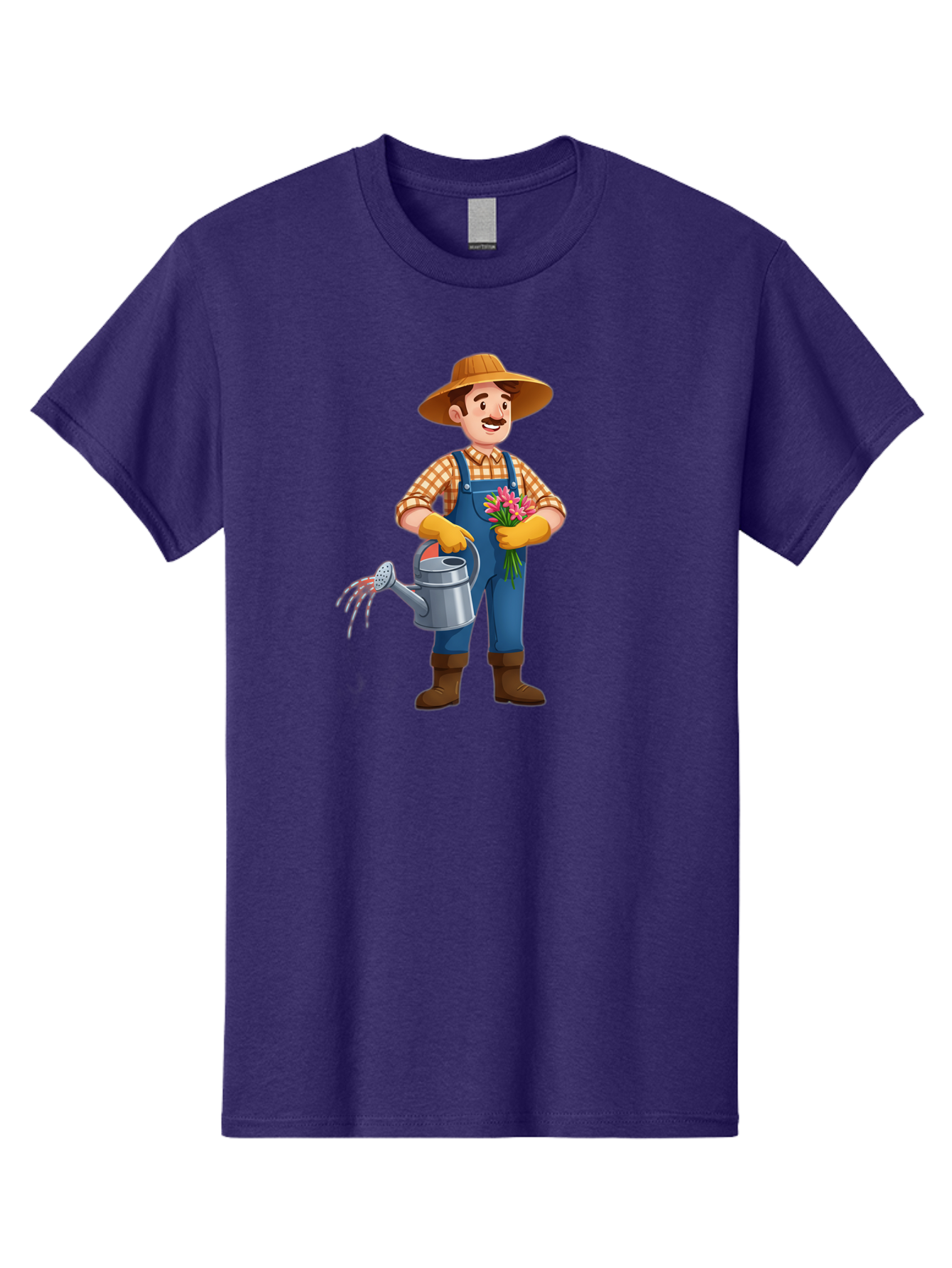 Farmer-With-Watering-Can Men'S Graphic Tee, 100% Cotton, Comfortable Casual Summer Wear, Machine Washable, Gardener Watering Plants, Bouquet Of Flowers, Gardening Tools, Rustic Clothing, Outdoor Activities, Plant Care, Gardening Lifestyle, Baa665