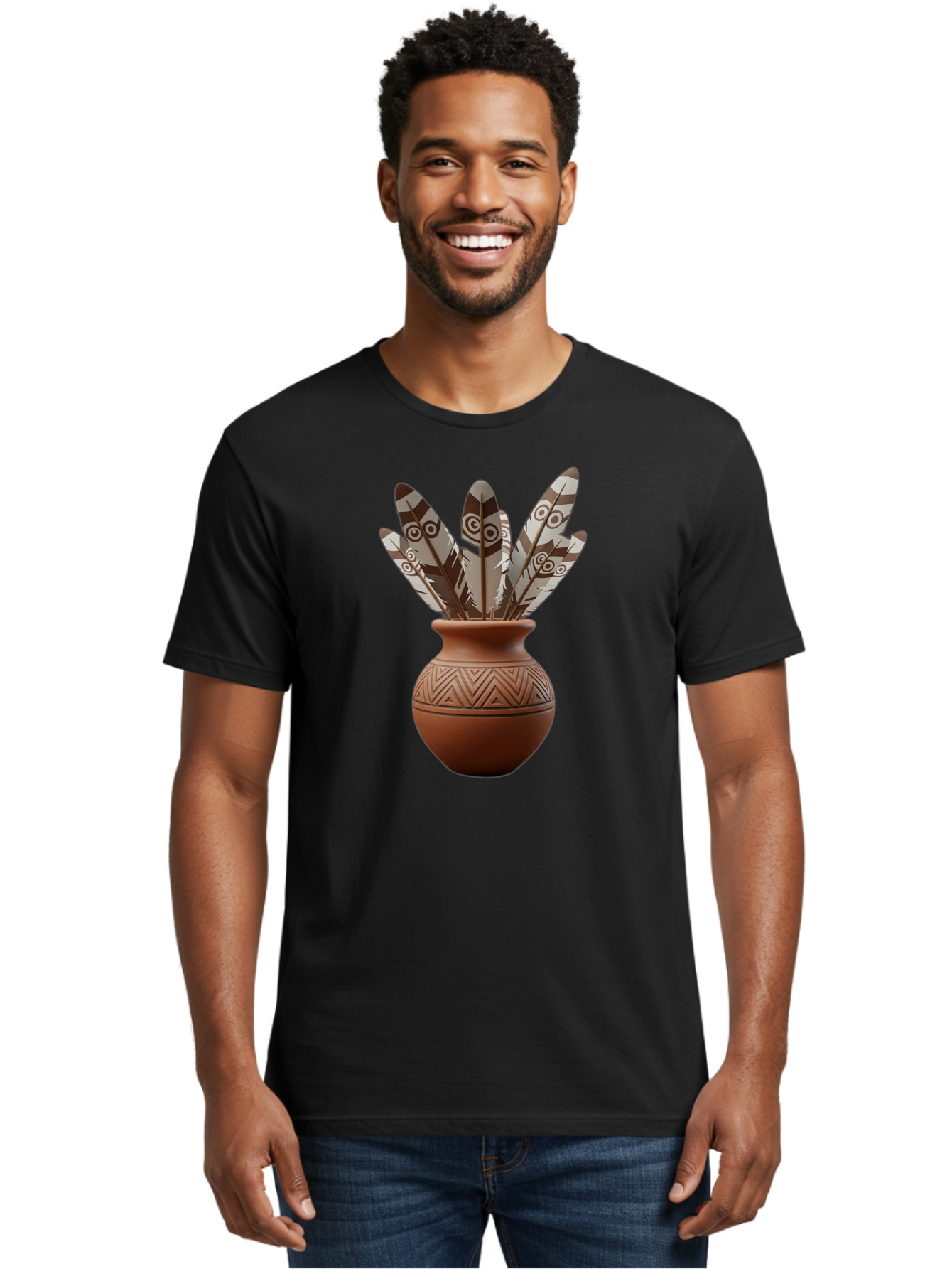 Feathers-In-Clay-Pot Men'S Graphic Tee, 100% Cotton, Comfortable Casual Summer Wear, Machine Washable, Clay Pot, Decorative Feathers, Native American Symbols, Tribal Patterns, Artistic Design, Cultural Heritage, Traditional Craftsmanship, Baa667