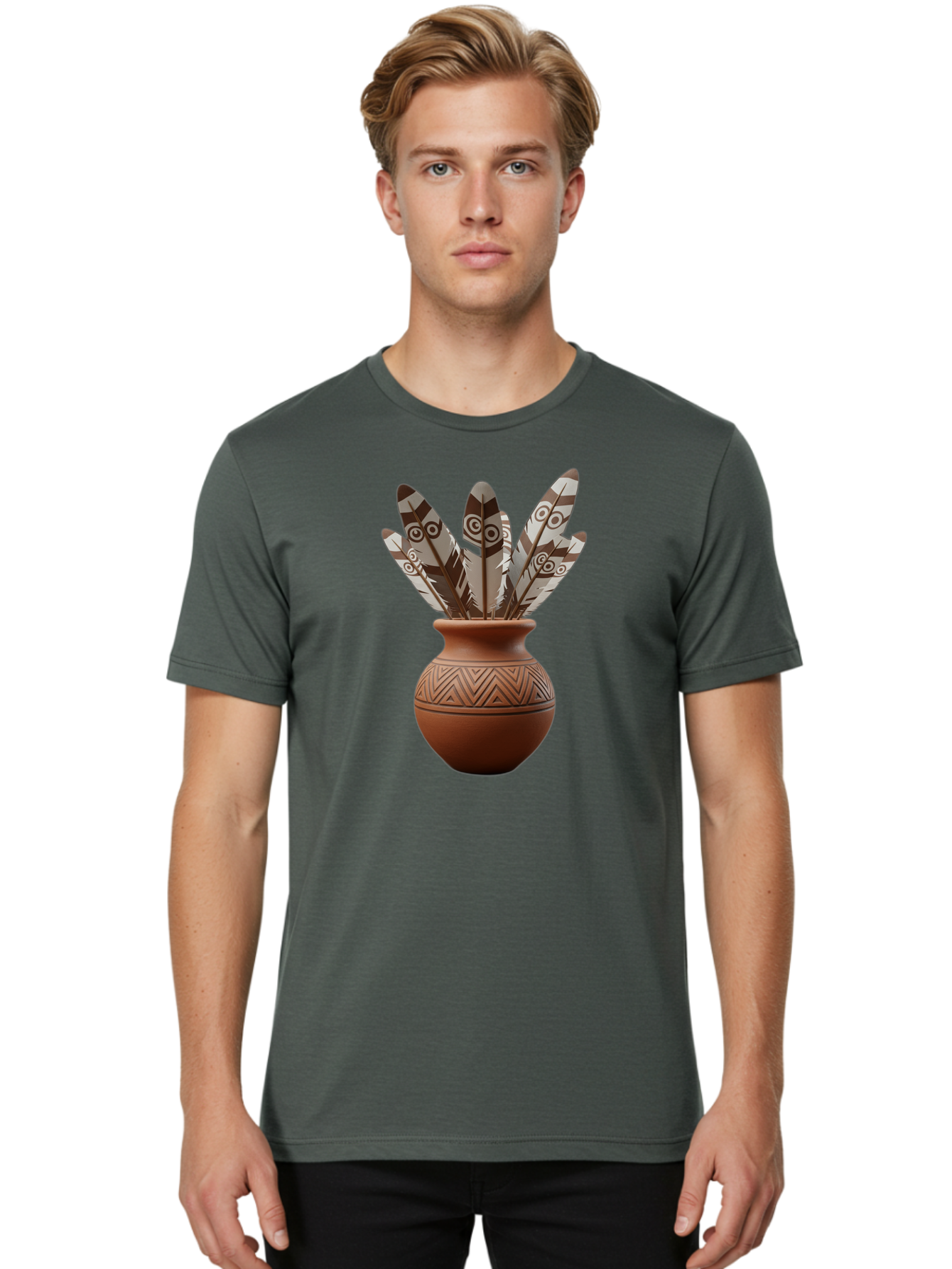 Feathers-In-Clay-Pot Men'S Graphic Tee, 100% Cotton, Comfortable Casual Summer Wear, Machine Washable, Clay Pot, Decorative Feathers, Native American Symbols, Tribal Patterns, Artistic Design, Cultural Heritage, Traditional Craftsmanship, Baa667