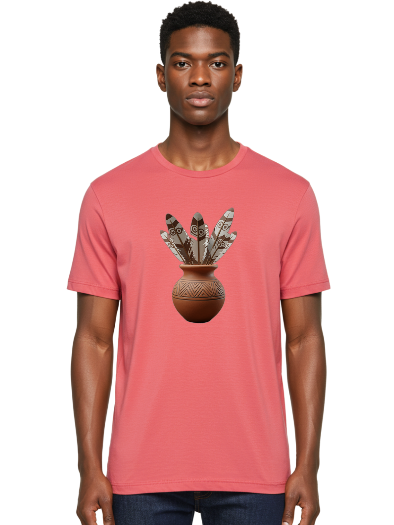 Feathers-In-Clay-Pot Men'S Graphic Tee, 100% Cotton, Comfortable Casual Summer Wear, Machine Washable, Clay Pot, Decorative Feathers, Native American Symbols, Tribal Patterns, Artistic Design, Cultural Heritage, Traditional Craftsmanship, Baa667