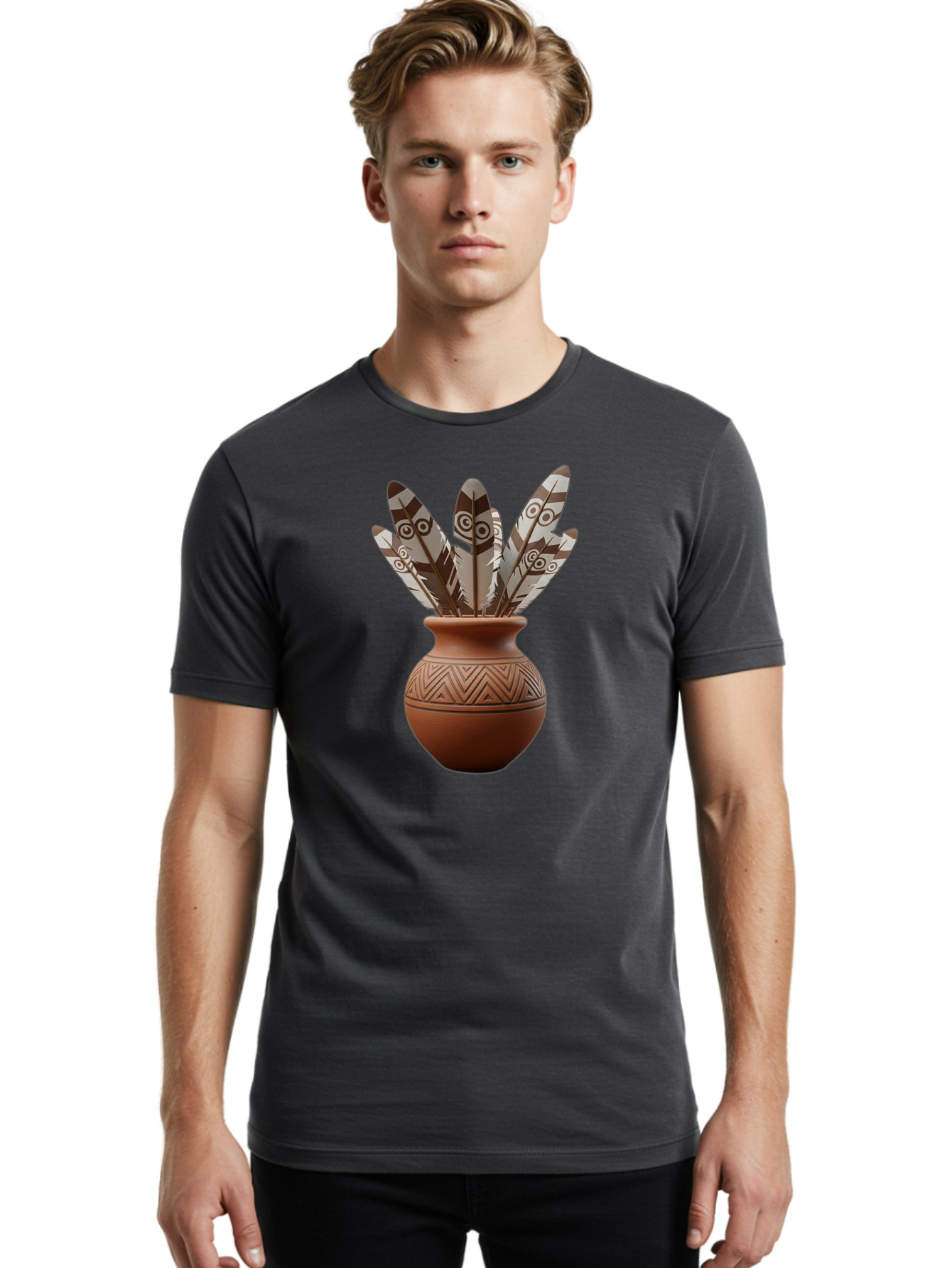 Feathers-In-Clay-Pot Men'S Graphic Tee, 100% Cotton, Comfortable Casual Summer Wear, Machine Washable, Clay Pot, Decorative Feathers, Native American Symbols, Tribal Patterns, Artistic Design, Cultural Heritage, Traditional Craftsmanship, Baa667