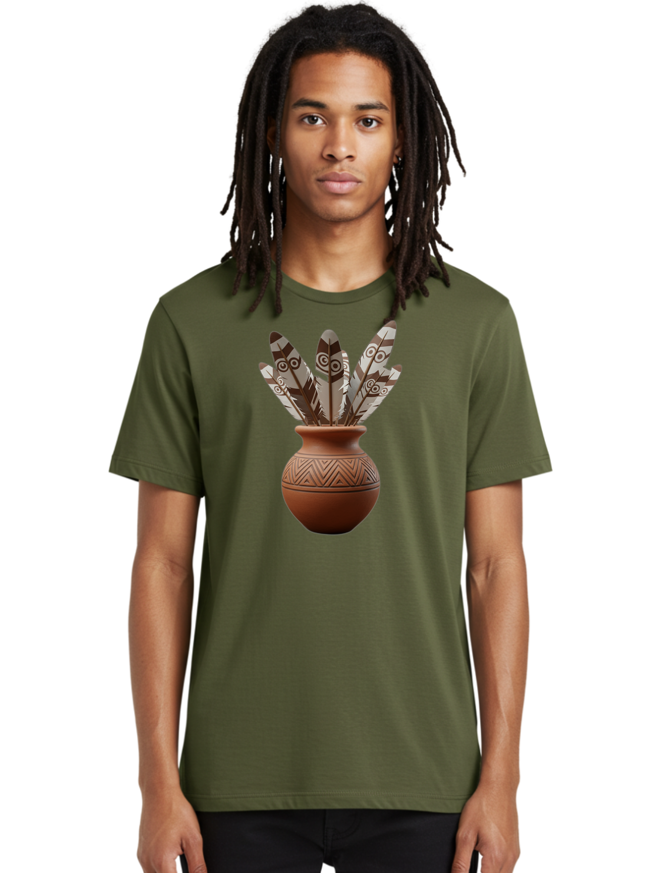 Feathers-In-Clay-Pot Men'S Graphic Tee, 100% Cotton, Comfortable Casual Summer Wear, Machine Washable, Clay Pot, Decorative Feathers, Native American Symbols, Tribal Patterns, Artistic Design, Cultural Heritage, Traditional Craftsmanship, Baa667