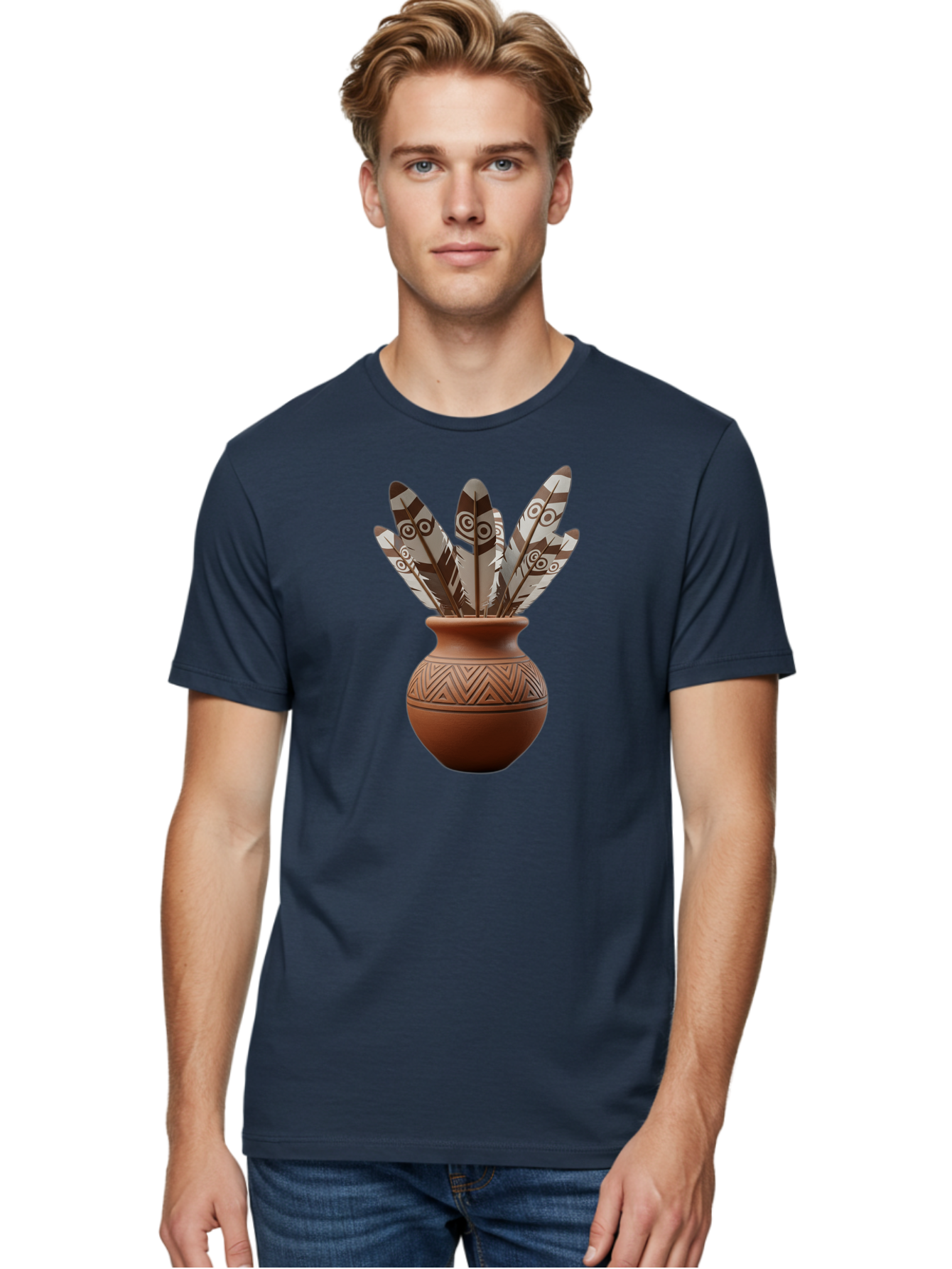 Feathers-In-Clay-Pot Men'S Graphic Tee, 100% Cotton, Comfortable Casual Summer Wear, Machine Washable, Clay Pot, Decorative Feathers, Native American Symbols, Tribal Patterns, Artistic Design, Cultural Heritage, Traditional Craftsmanship, Baa667