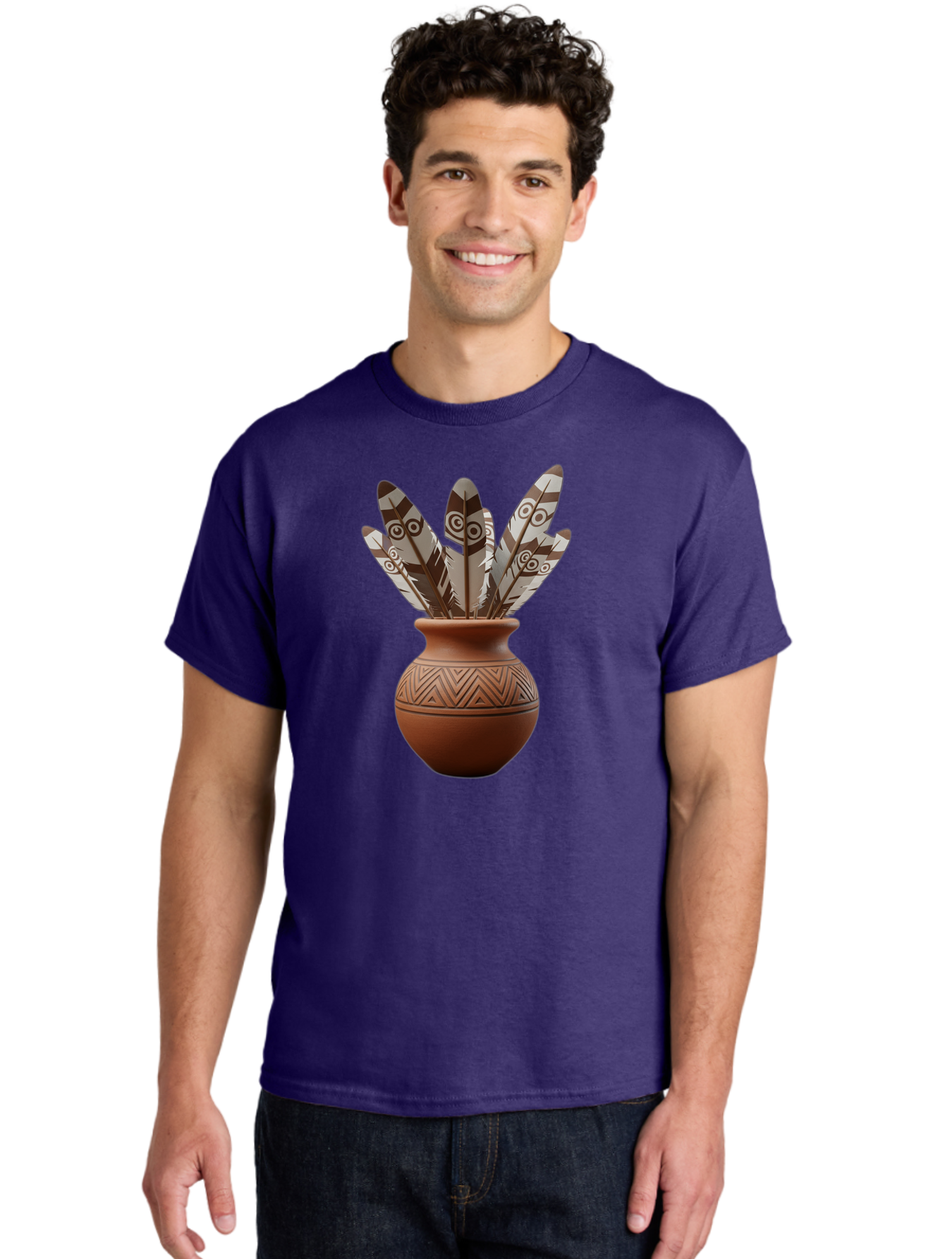 Feathers-In-Clay-Pot Men'S Graphic Tee, 100% Cotton, Comfortable Casual Summer Wear, Machine Washable, Clay Pot, Decorative Feathers, Native American Symbols, Tribal Patterns, Artistic Design, Cultural Heritage, Traditional Craftsmanship, Baa667