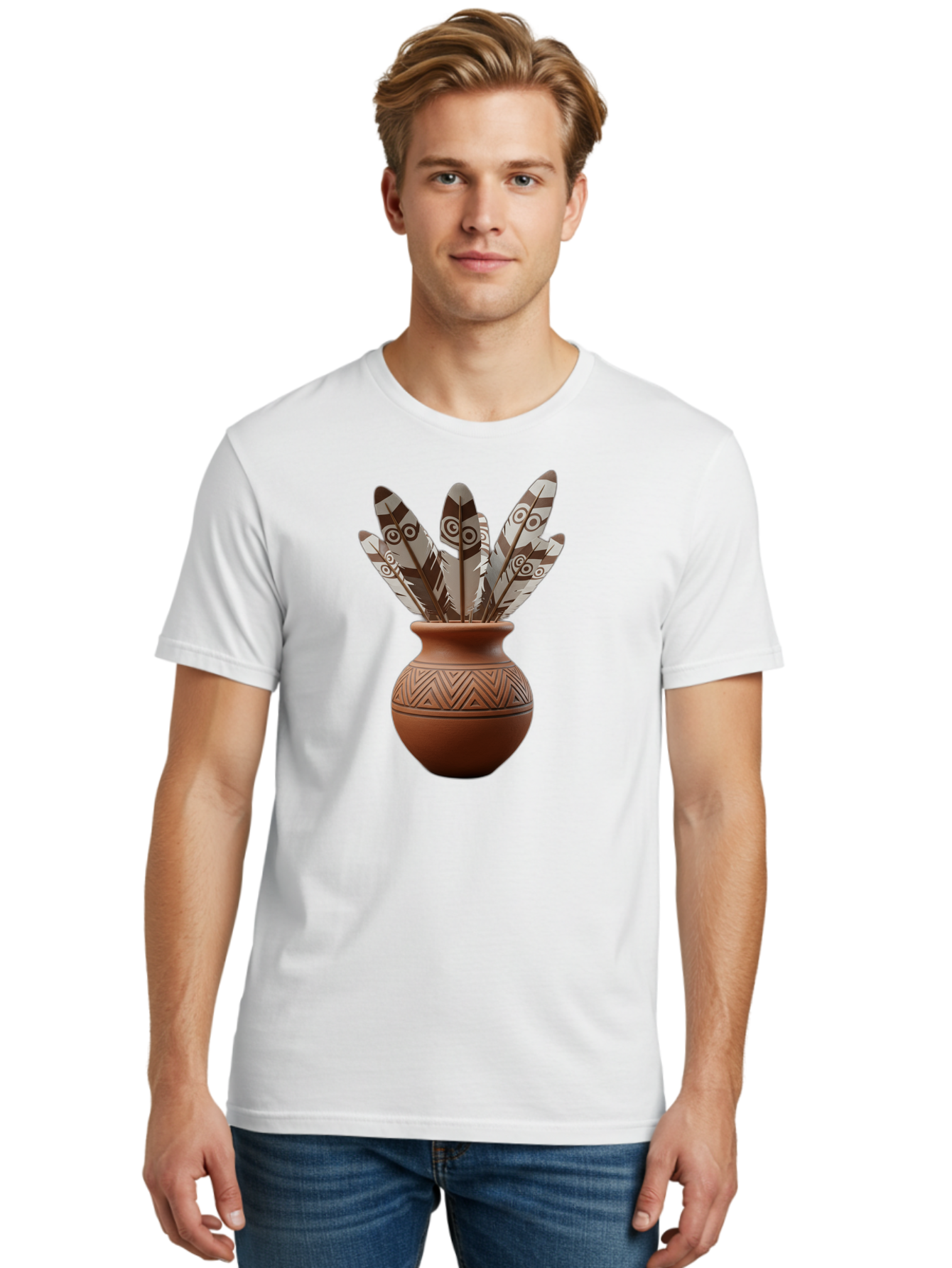 Feathers-In-Clay-Pot Men'S Graphic Tee, 100% Cotton, Comfortable Casual Summer Wear, Machine Washable, Clay Pot, Decorative Feathers, Native American Symbols, Tribal Patterns, Artistic Design, Cultural Heritage, Traditional Craftsmanship, Baa667