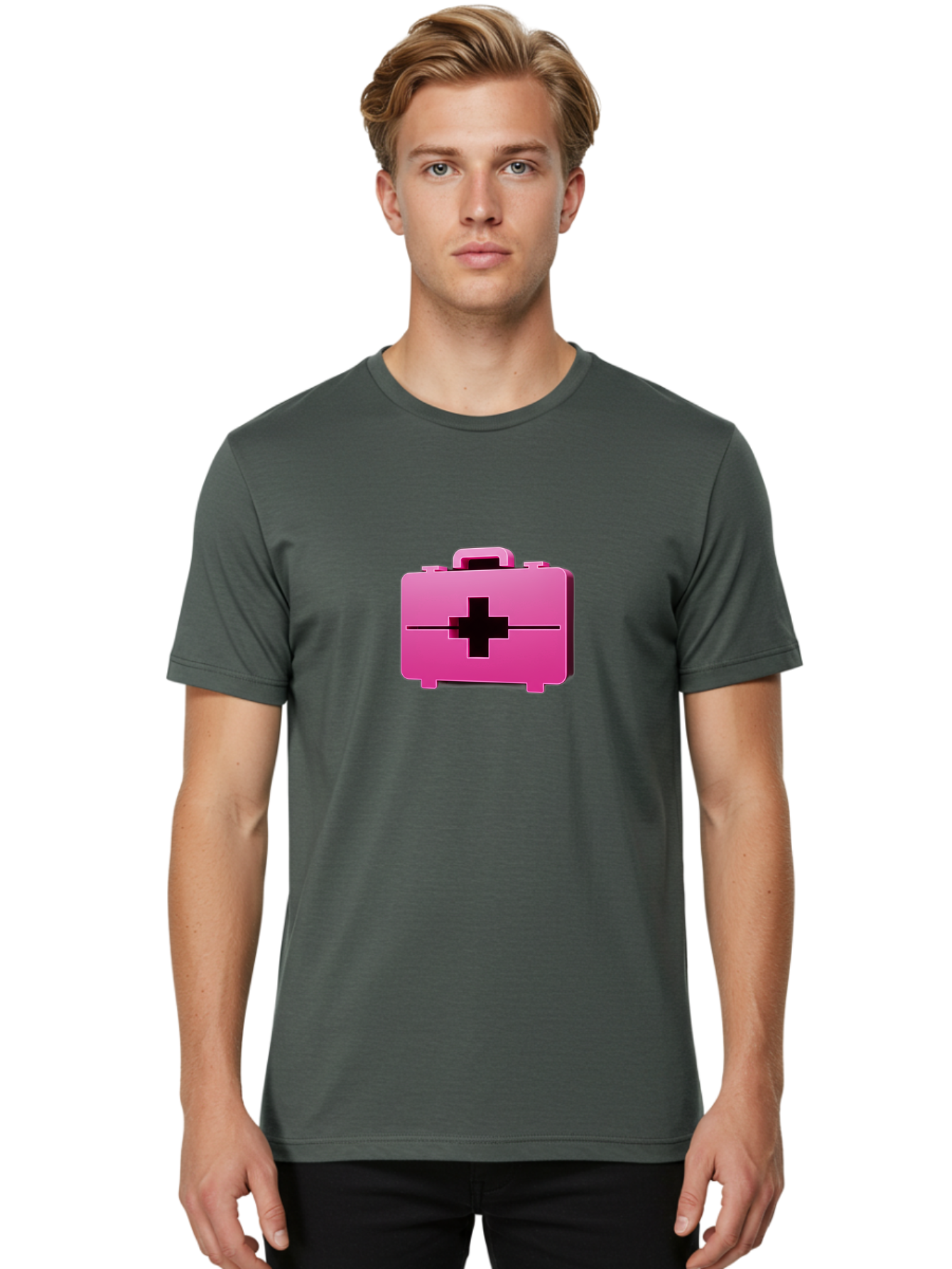 First-Aid-Kit-5 Men'S Graphic Tee, 100% Cotton, Comfortable Casual Summer Wear, Machine Washable, Pink First Aid Kit, Medical Supplies, Health Care, Emergency Kit, Black Cross Symbol, Medical Emergency, First Aid Supplies Baa679