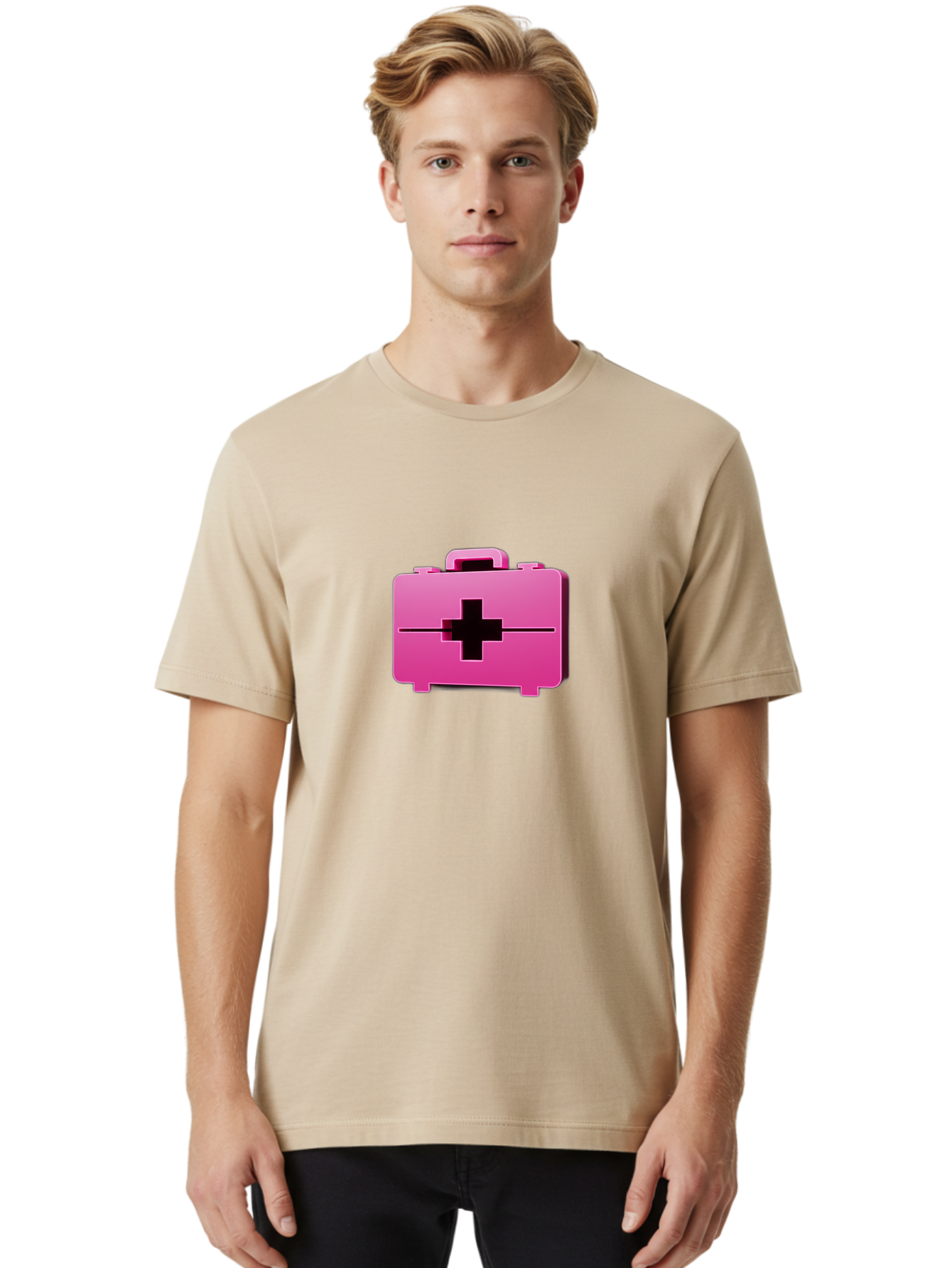 First-Aid-Kit-5 Men'S Graphic Tee, 100% Cotton, Comfortable Casual Summer Wear, Machine Washable, Pink First Aid Kit, Medical Supplies, Health Care, Emergency Kit, Black Cross Symbol, Medical Emergency, First Aid Supplies Baa679