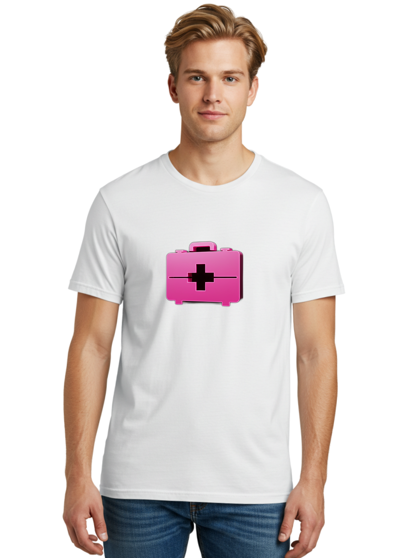 First-Aid-Kit-5 Men'S Graphic Tee, 100% Cotton, Comfortable Casual Summer Wear, Machine Washable, Pink First Aid Kit, Medical Supplies, Health Care, Emergency Kit, Black Cross Symbol, Medical Emergency, First Aid Supplies Baa679