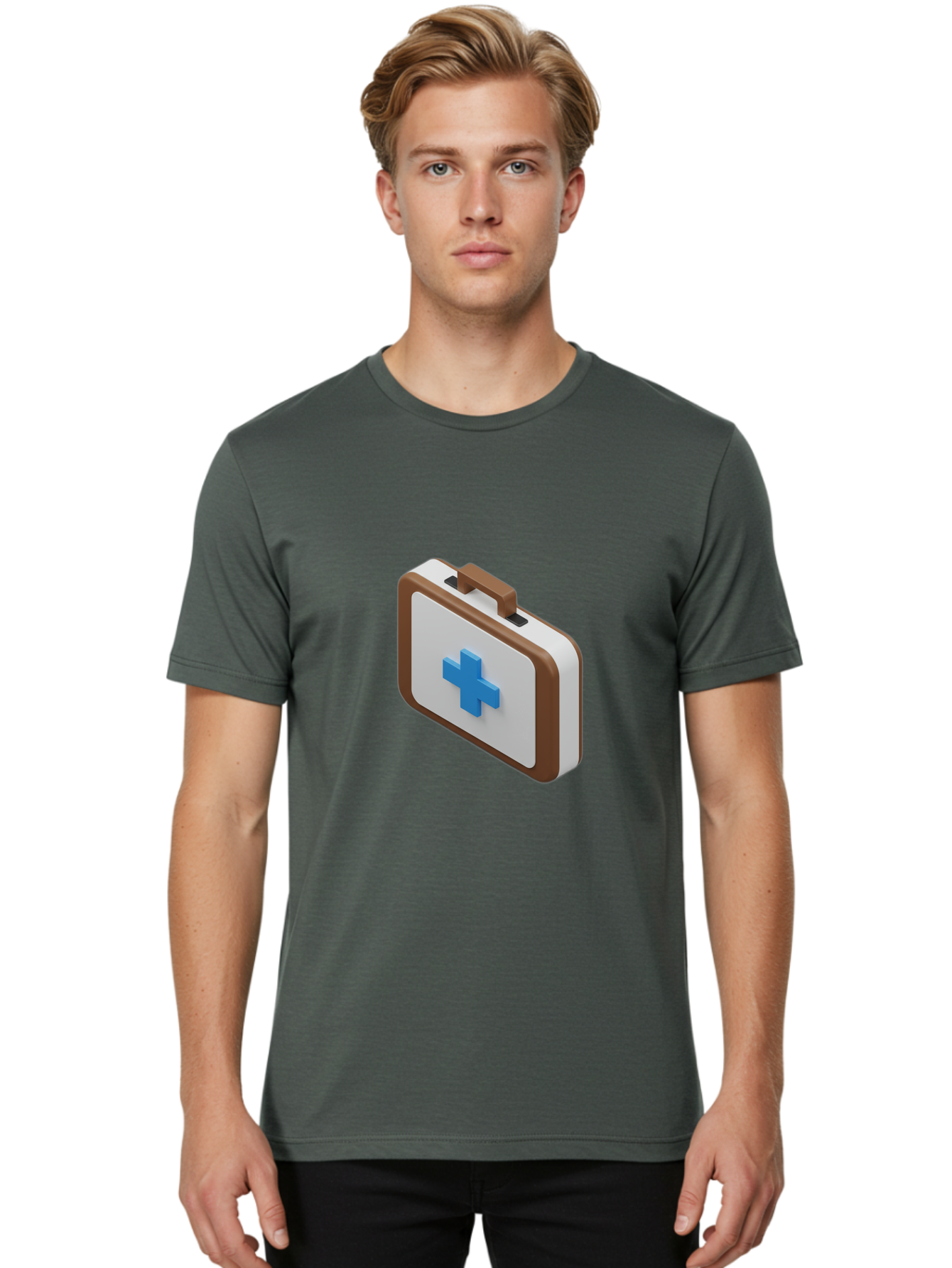 First-Aid-Kit-7 Men'S Graphic Tee, 100% Cotton, Comfortable Casual Summer Wear, Machine Washable, First Aid Kit, Medical Supplies, Health Care, Emergency Preparedness, Blue Cross Symbol, Brown Handle, White Case, Medical Emergency, Baa681