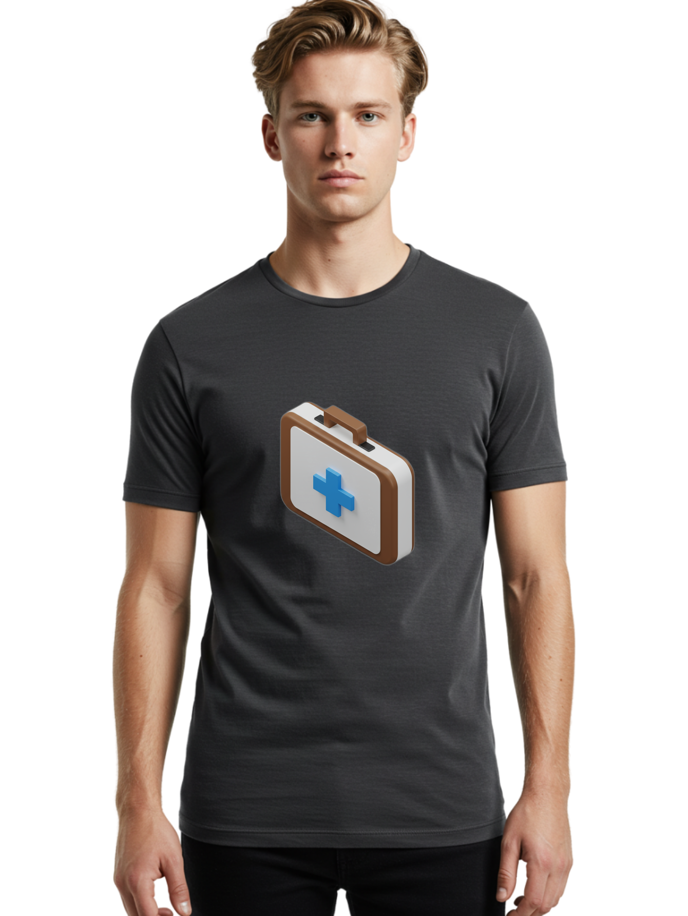 First-Aid-Kit-7 Men'S Graphic Tee, 100% Cotton, Comfortable Casual Summer Wear, Machine Washable, First Aid Kit, Medical Supplies, Health Care, Emergency Preparedness, Blue Cross Symbol, Brown Handle, White Case, Medical Emergency, Baa681