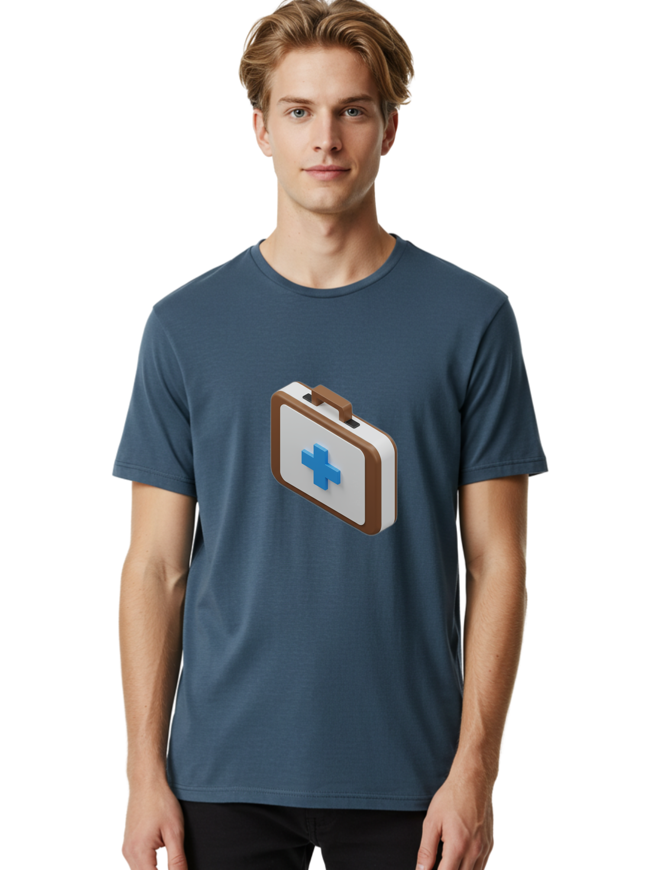 First-Aid-Kit-7 Men'S Graphic Tee, 100% Cotton, Comfortable Casual Summer Wear, Machine Washable, First Aid Kit, Medical Supplies, Health Care, Emergency Preparedness, Blue Cross Symbol, Brown Handle, White Case, Medical Emergency, Baa681