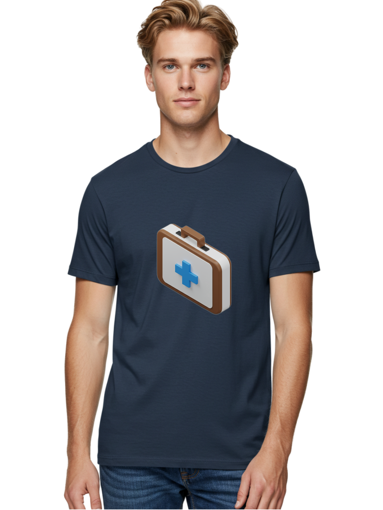 First-Aid-Kit-7 Men'S Graphic Tee, 100% Cotton, Comfortable Casual Summer Wear, Machine Washable, First Aid Kit, Medical Supplies, Health Care, Emergency Preparedness, Blue Cross Symbol, Brown Handle, White Case, Medical Emergency, Baa681