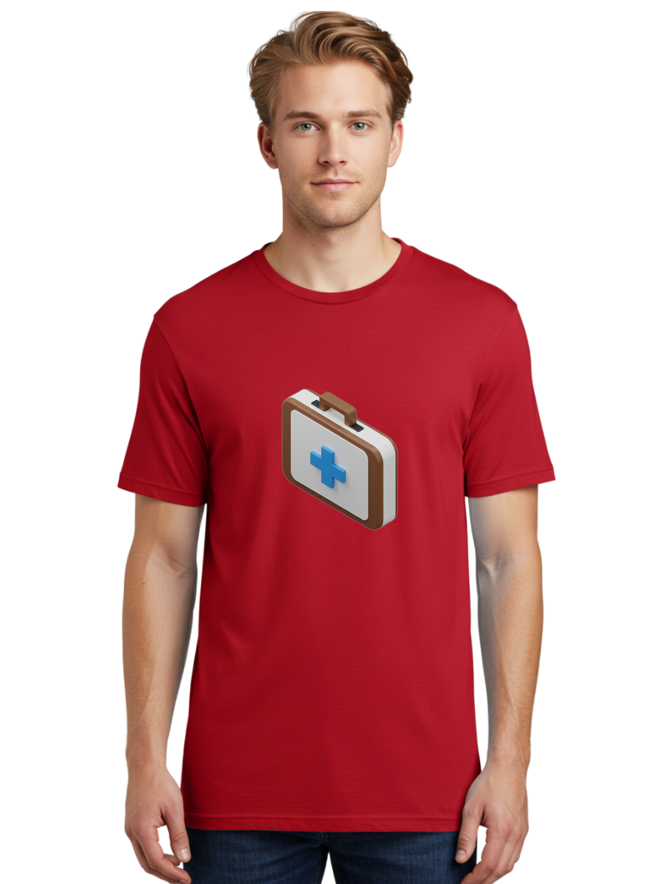 First-Aid-Kit-7 Men'S Graphic Tee, 100% Cotton, Comfortable Casual Summer Wear, Machine Washable, First Aid Kit, Medical Supplies, Health Care, Emergency Preparedness, Blue Cross Symbol, Brown Handle, White Case, Medical Emergency, Baa681
