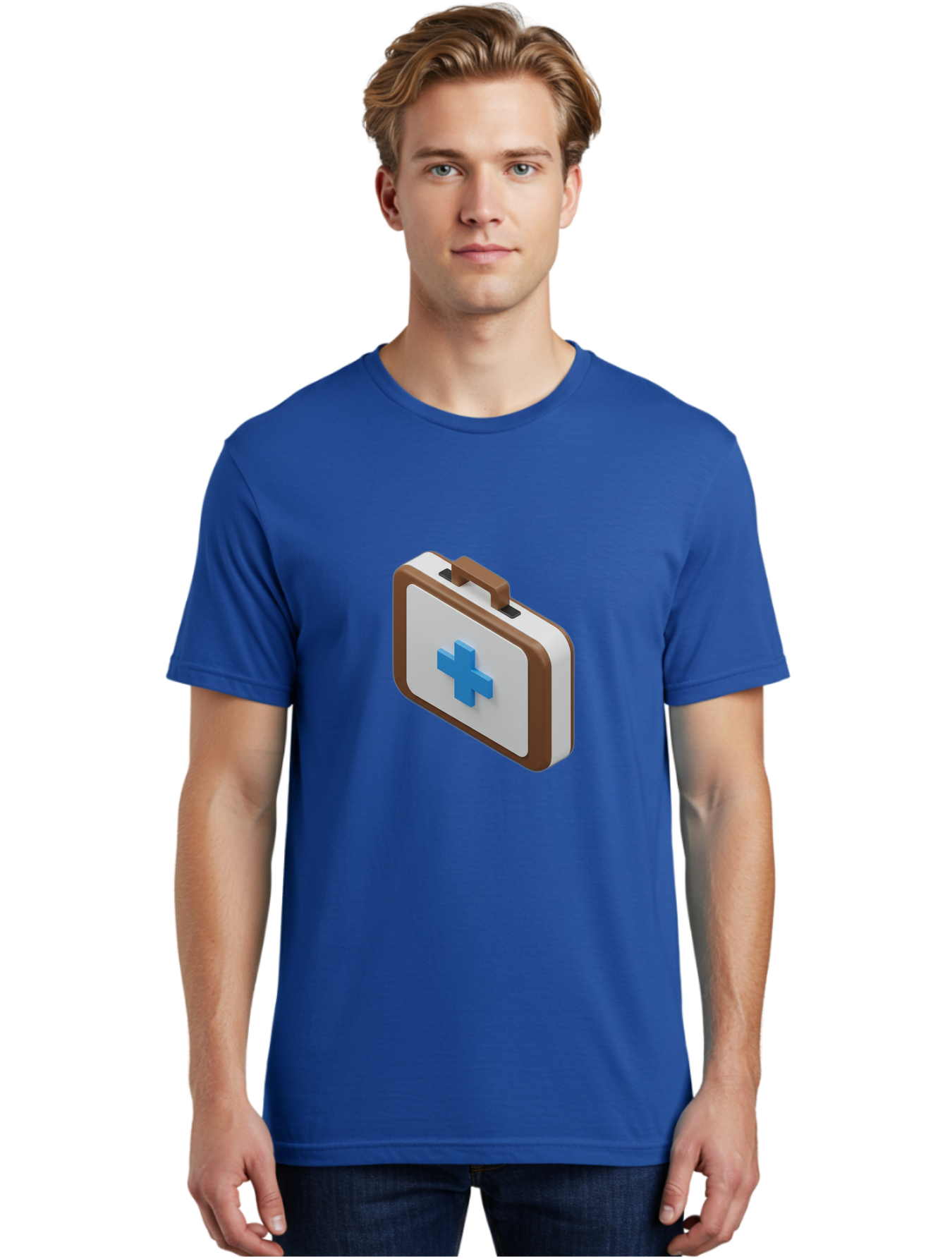 First-Aid-Kit-7 Men'S Graphic Tee, 100% Cotton, Comfortable Casual Summer Wear, Machine Washable, First Aid Kit, Medical Supplies, Health Care, Emergency Preparedness, Blue Cross Symbol, Brown Handle, White Case, Medical Emergency, Baa681
