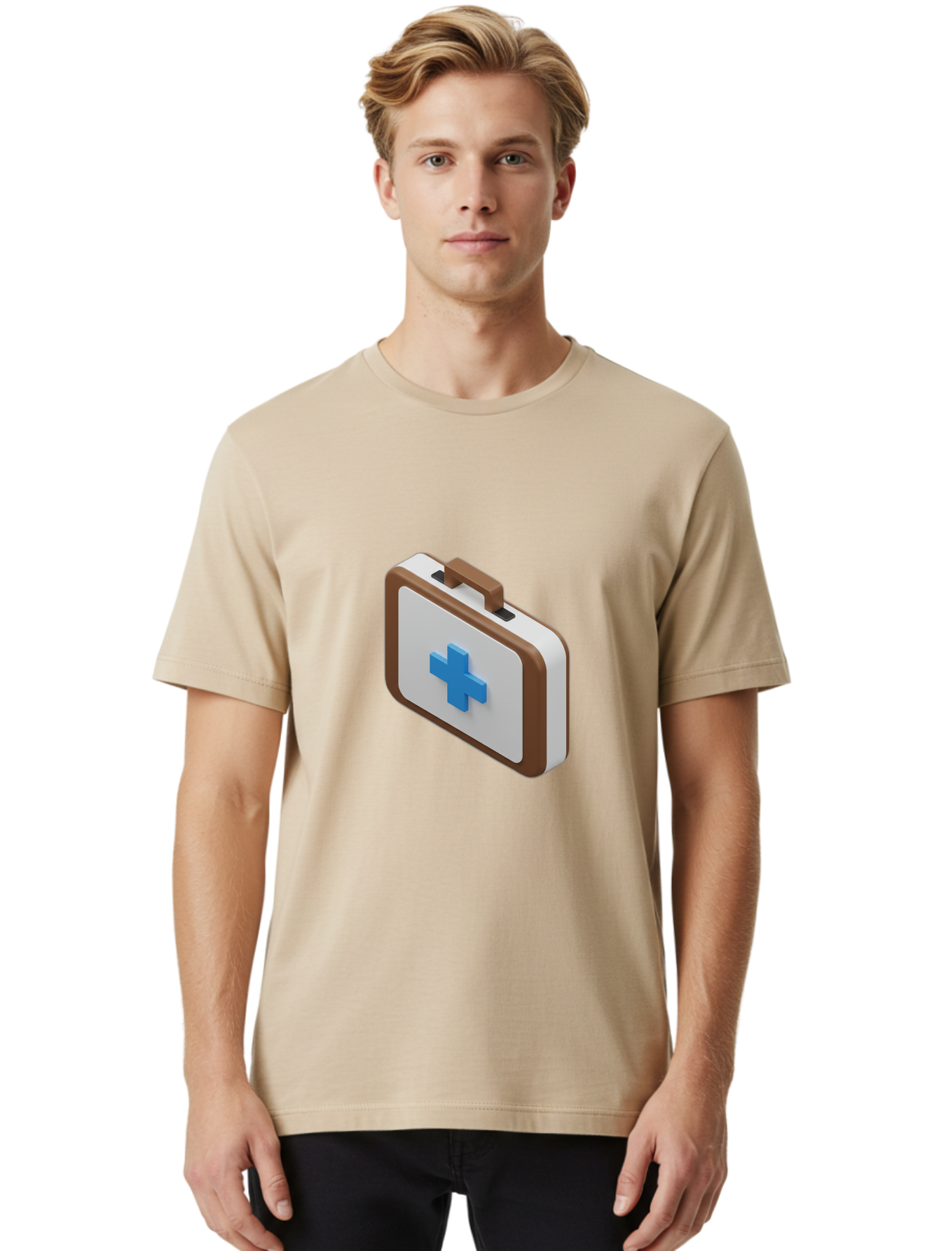 First-Aid-Kit-7 Men'S Graphic Tee, 100% Cotton, Comfortable Casual Summer Wear, Machine Washable, First Aid Kit, Medical Supplies, Health Care, Emergency Preparedness, Blue Cross Symbol, Brown Handle, White Case, Medical Emergency, Baa681
