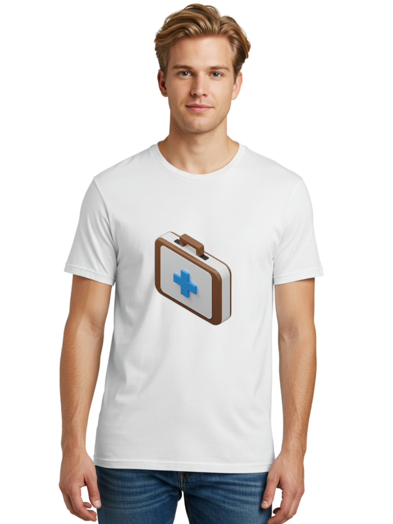 First-Aid-Kit-7 Men'S Graphic Tee, 100% Cotton, Comfortable Casual Summer Wear, Machine Washable, First Aid Kit, Medical Supplies, Health Care, Emergency Preparedness, Blue Cross Symbol, Brown Handle, White Case, Medical Emergency, Baa681