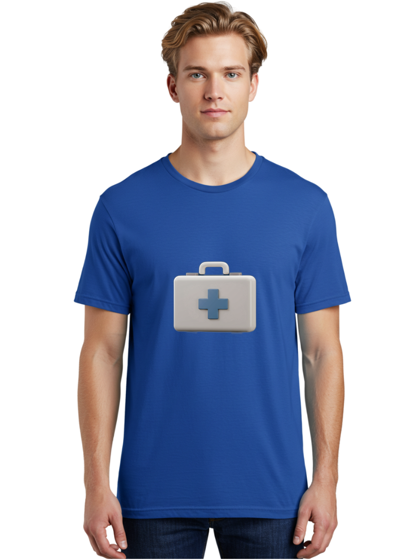 First-Aid-Kit-8 Men'S Graphic Tee, 100% Cotton, Comfortable Casual Summer Wear, Machine Washable, First Aid Kit, Medical Box, Health Care, Emergency Response, Medical Supplies, Blue Cross Symbol, Rectangular Box, Handle On Top Baa682