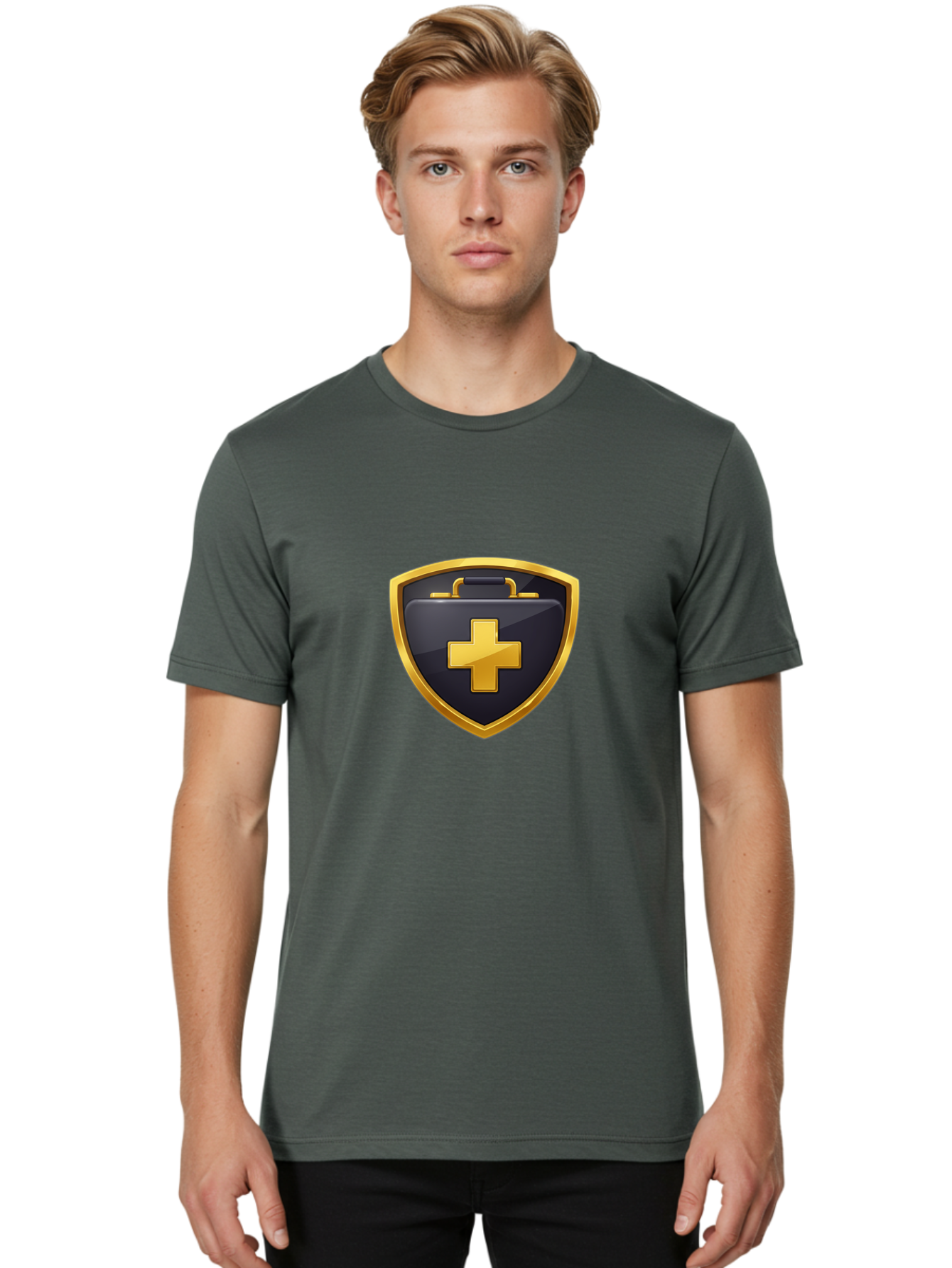 First-Aid-Kit-Shield Men'S Graphic Tee, 100% Cotton, Comfortable Casual Summer Wear, Machine Washable, First Aid Kit, Medical Shield, Healthcare Logo, Gold Cross, Emergency Medical Services, Medical Supplies, Health Protection, Safety Icon Baa684
