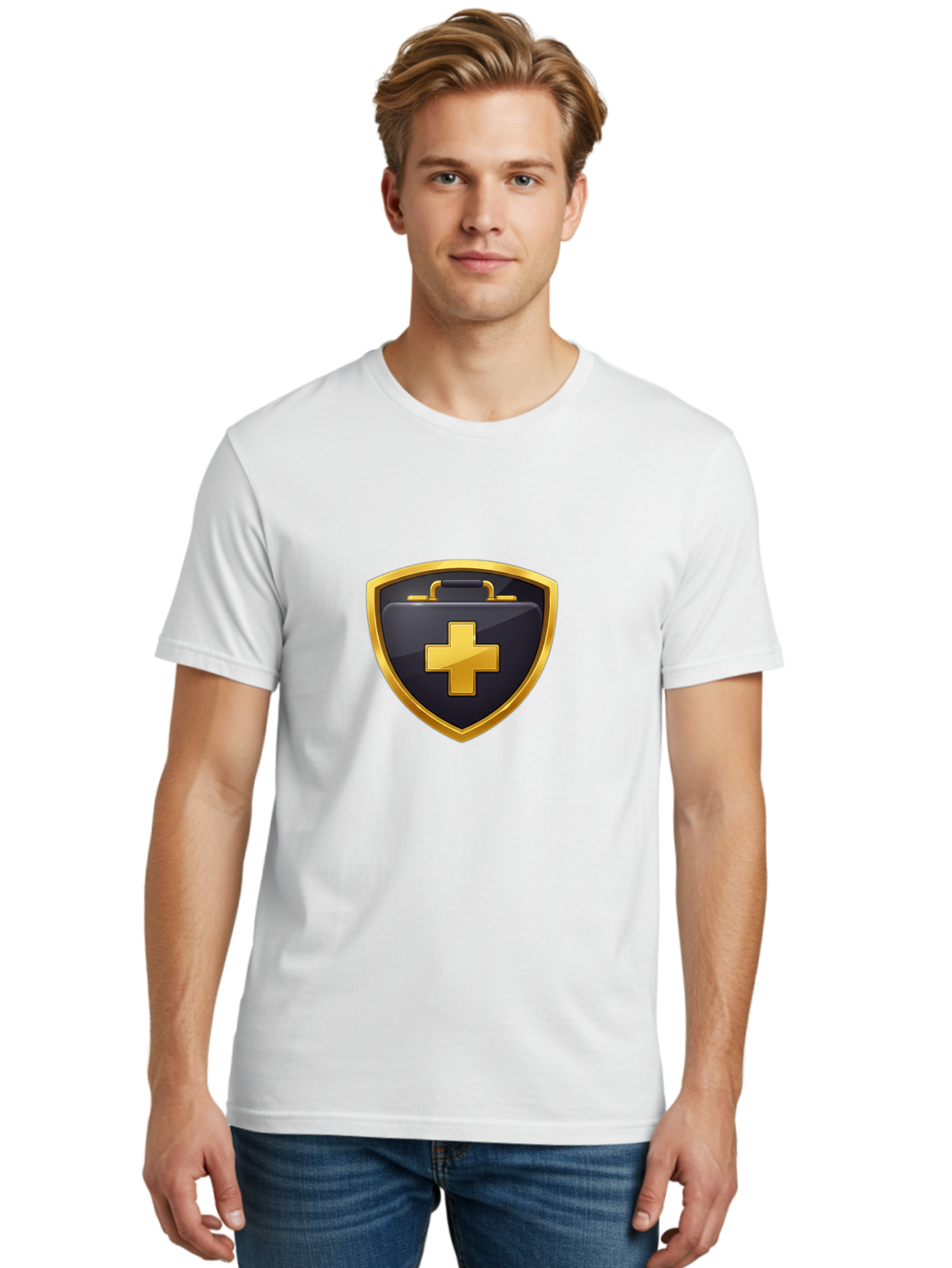 First-Aid-Kit-Shield Men'S Graphic Tee, 100% Cotton, Comfortable Casual Summer Wear, Machine Washable, First Aid Kit, Medical Shield, Healthcare Logo, Gold Cross, Emergency Medical Services, Medical Supplies, Health Protection, Safety Icon Baa684