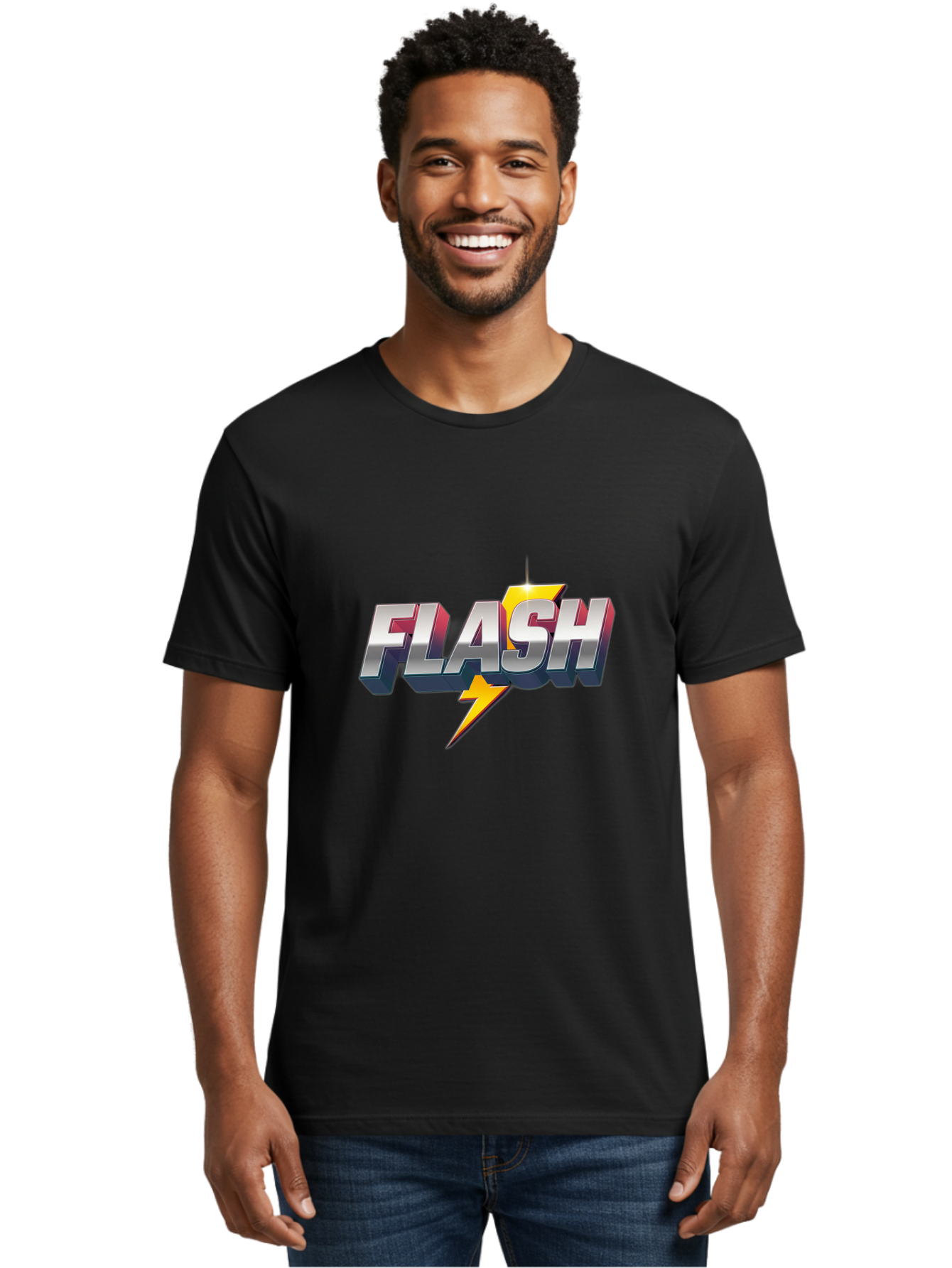 Flash Men'S Graphic Tee, 100% Cotton, Comfortable Casual Summer Wear, Machine Washable, Silver 3D Text, Yellow Lightning Bolt, Super Speed, Superhero Logo, Comic Book Style, Dynamic Graphics, Energetic Vibe, Bold Typography Baa686