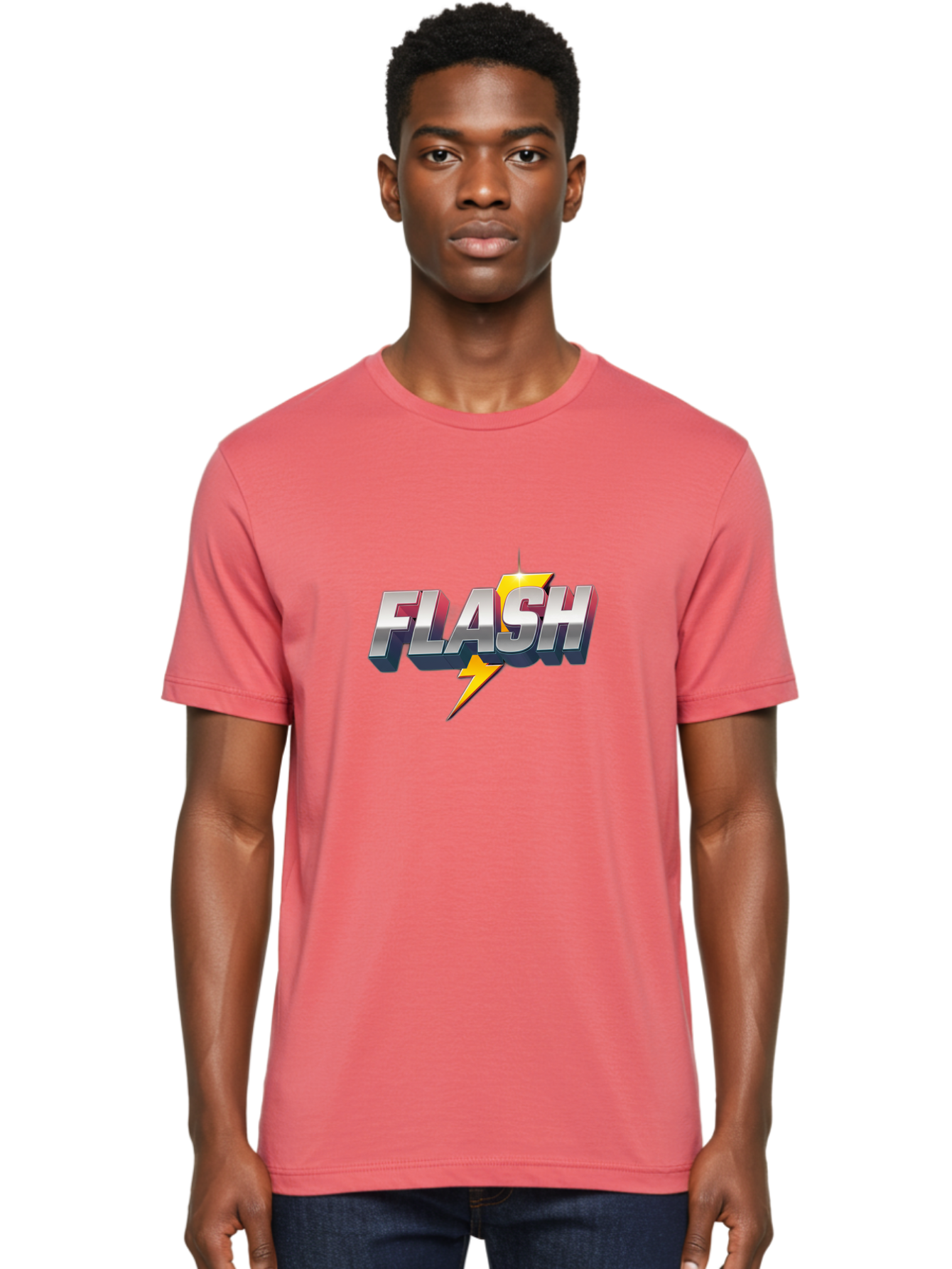 Flash Men'S Graphic Tee, 100% Cotton, Comfortable Casual Summer Wear, Machine Washable, Silver 3D Text, Yellow Lightning Bolt, Super Speed, Superhero Logo, Comic Book Style, Dynamic Graphics, Energetic Vibe, Bold Typography Baa686