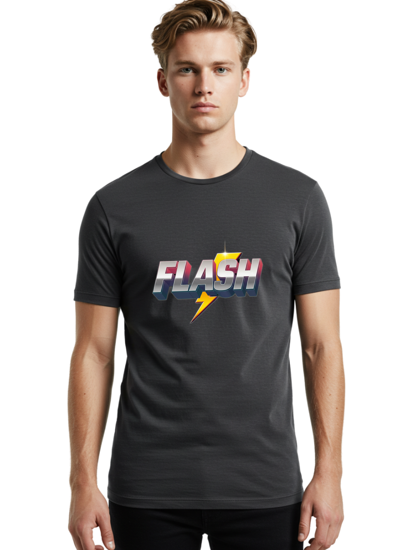 Flash Men'S Graphic Tee, 100% Cotton, Comfortable Casual Summer Wear, Machine Washable, Silver 3D Text, Yellow Lightning Bolt, Super Speed, Superhero Logo, Comic Book Style, Dynamic Graphics, Energetic Vibe, Bold Typography Baa686