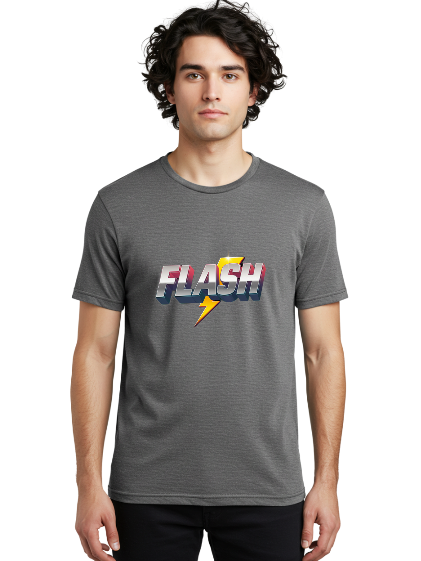 Flash Men'S Graphic Tee, 100% Cotton, Comfortable Casual Summer Wear, Machine Washable, Silver 3D Text, Yellow Lightning Bolt, Super Speed, Superhero Logo, Comic Book Style, Dynamic Graphics, Energetic Vibe, Bold Typography Baa686