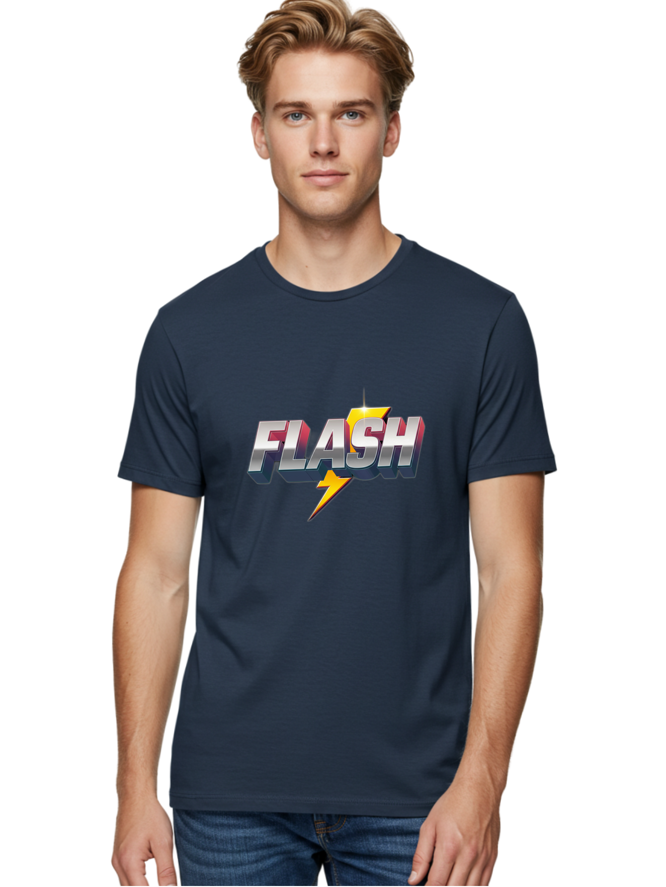 Flash Men'S Graphic Tee, 100% Cotton, Comfortable Casual Summer Wear, Machine Washable, Silver 3D Text, Yellow Lightning Bolt, Super Speed, Superhero Logo, Comic Book Style, Dynamic Graphics, Energetic Vibe, Bold Typography Baa686