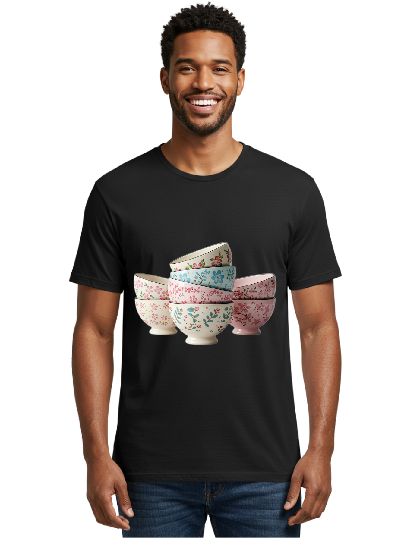 Floral-Bowls Men'S Graphic Tee, 100% Cotton, Comfortable Casual Summer Wear, Machine Washable, Floral Pattern, Delicate Flowers, Pastel Colors, Ceramic Bowls, Tableware, Home Decor, Vintage Style, Kitchen Essentials, Dinnerware, Elegant Design Baa687
