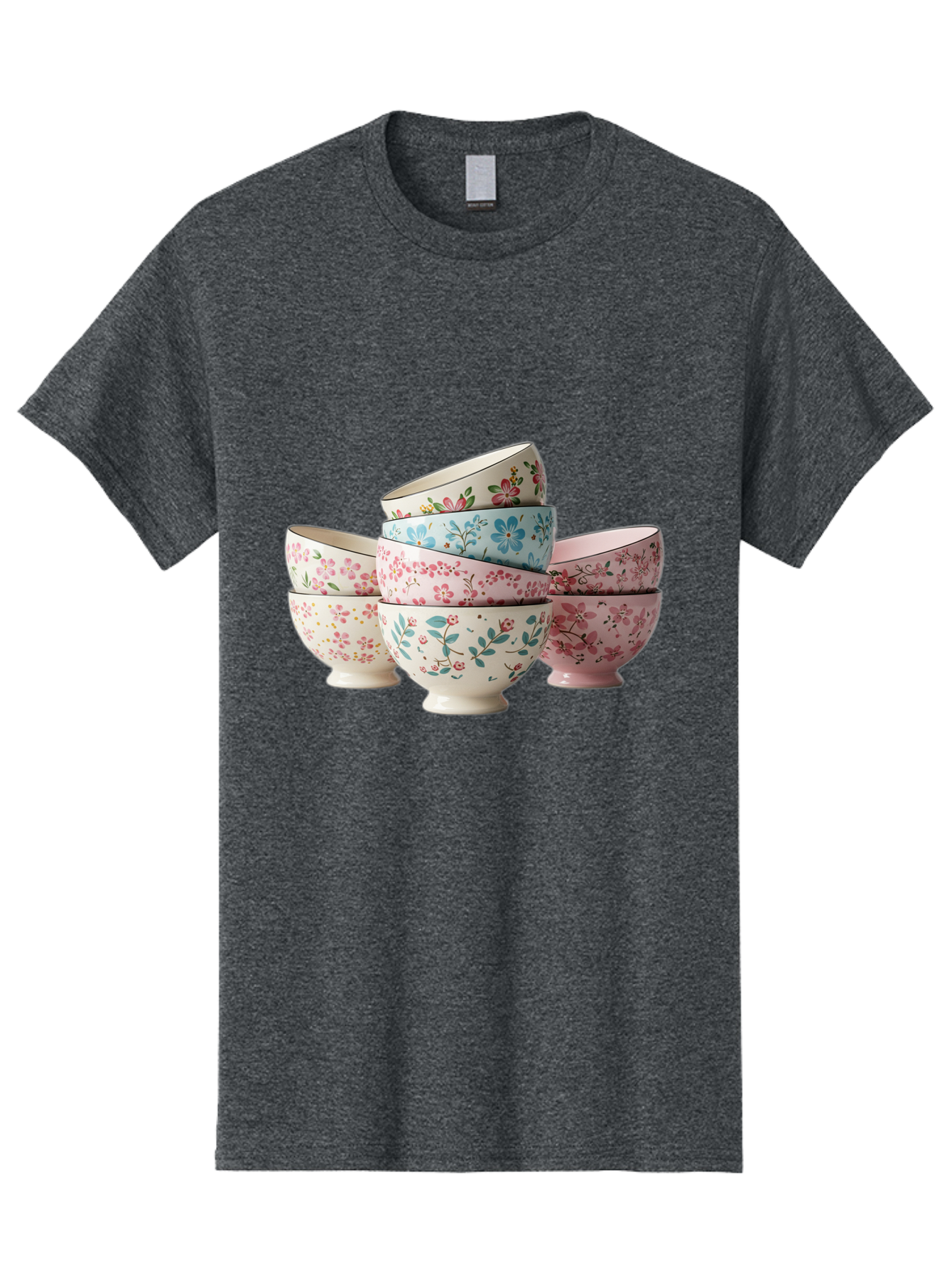 Floral-Bowls Men'S Graphic Tee, 100% Cotton, Comfortable Casual Summer Wear, Machine Washable, Floral Pattern, Delicate Flowers, Pastel Colors, Ceramic Bowls, Tableware, Home Decor, Vintage Style, Kitchen Essentials, Dinnerware, Elegant Design Baa687